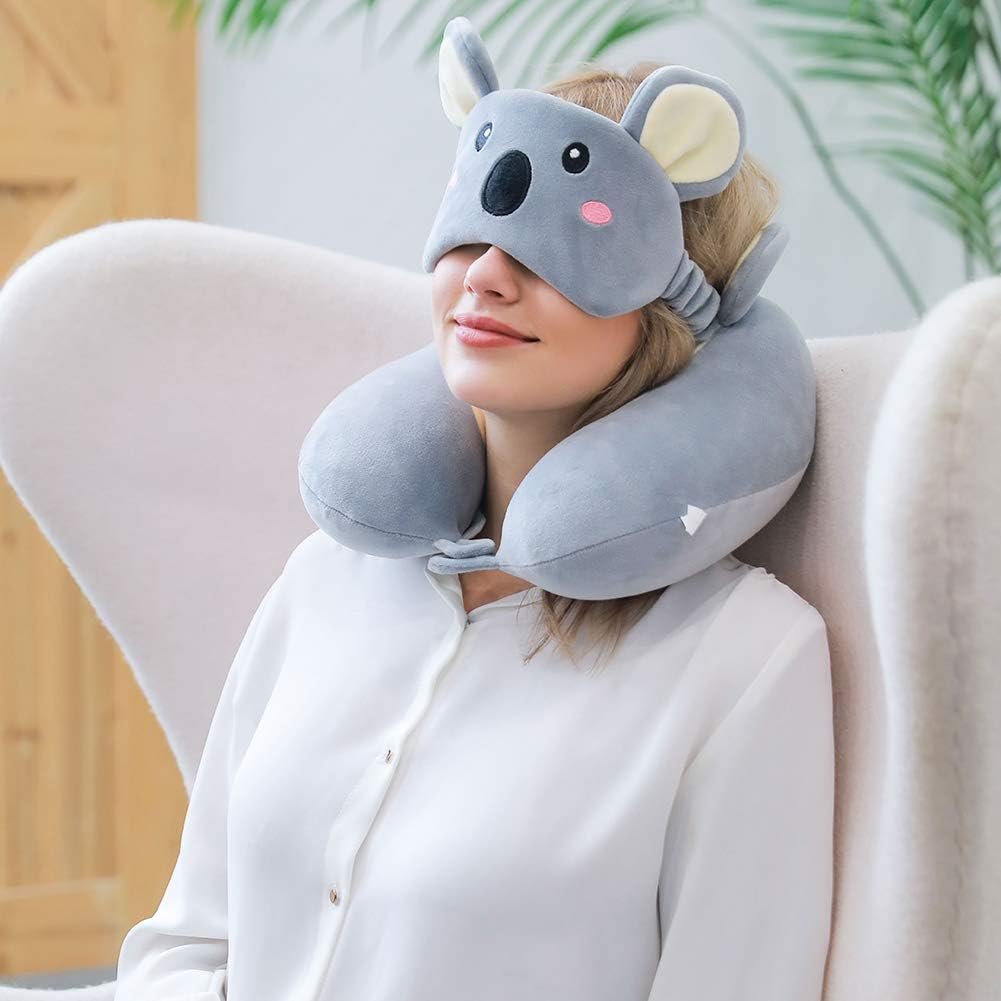 Memory Foam Animal Travel Pillow, Comfortable Neck Pillow with Cute Eye Mask Lightweight Traveling Pillow for Airplane, Car, Train, Bus and Home Use (Koala) |
