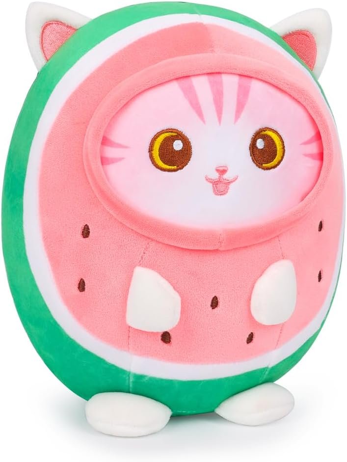 Cute Strawberry Cat Plush Pillow 8" Kitten Stuffed Animal, Soft Kawaii Cat Plushie with Strawberry Outfit Costume Gift for Kids |