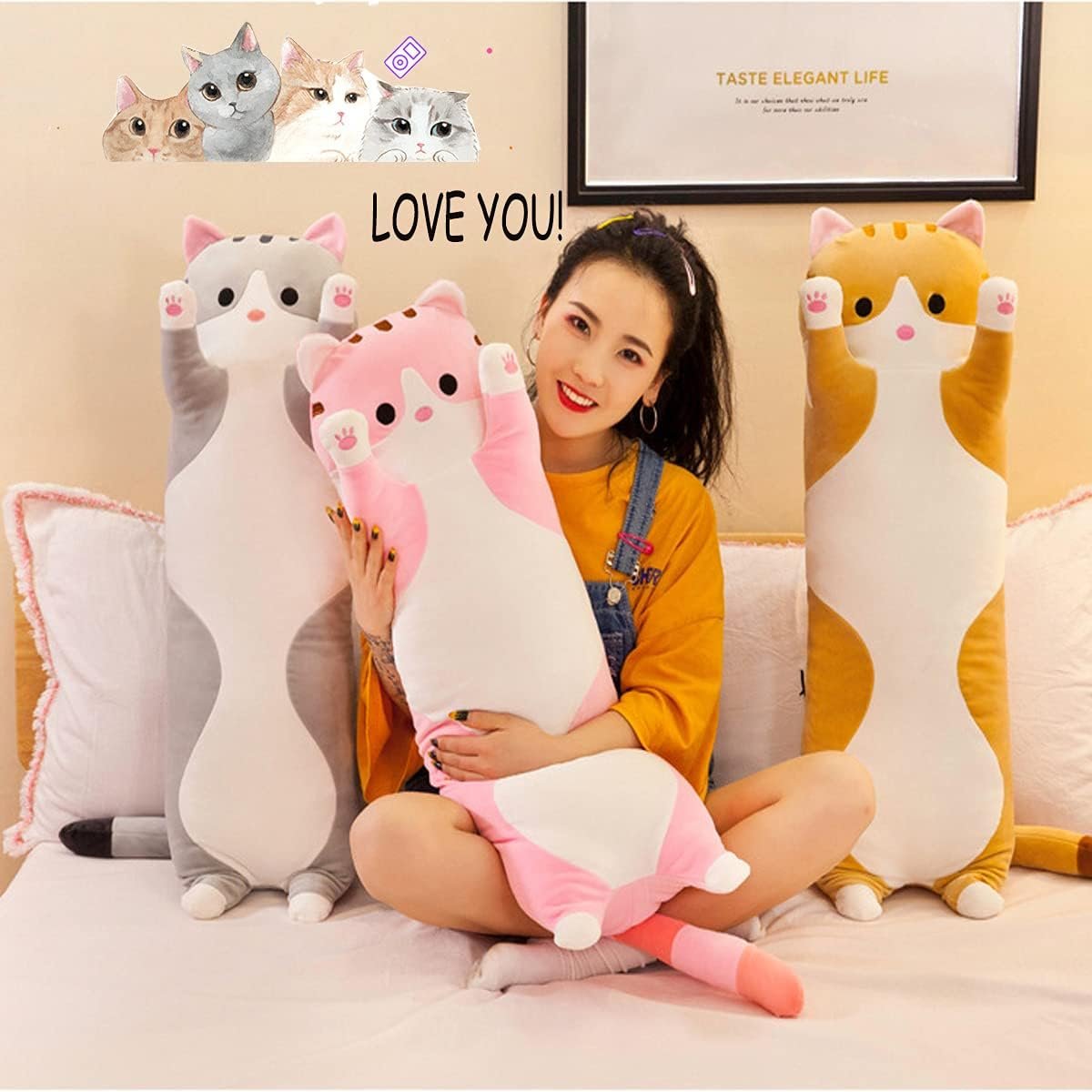 Long Stuffed Cat Plush Pillow Cute Cat Stuffed Animals Soft Long Body Throw Sleeping Pillow(Pink,27.5inch) |