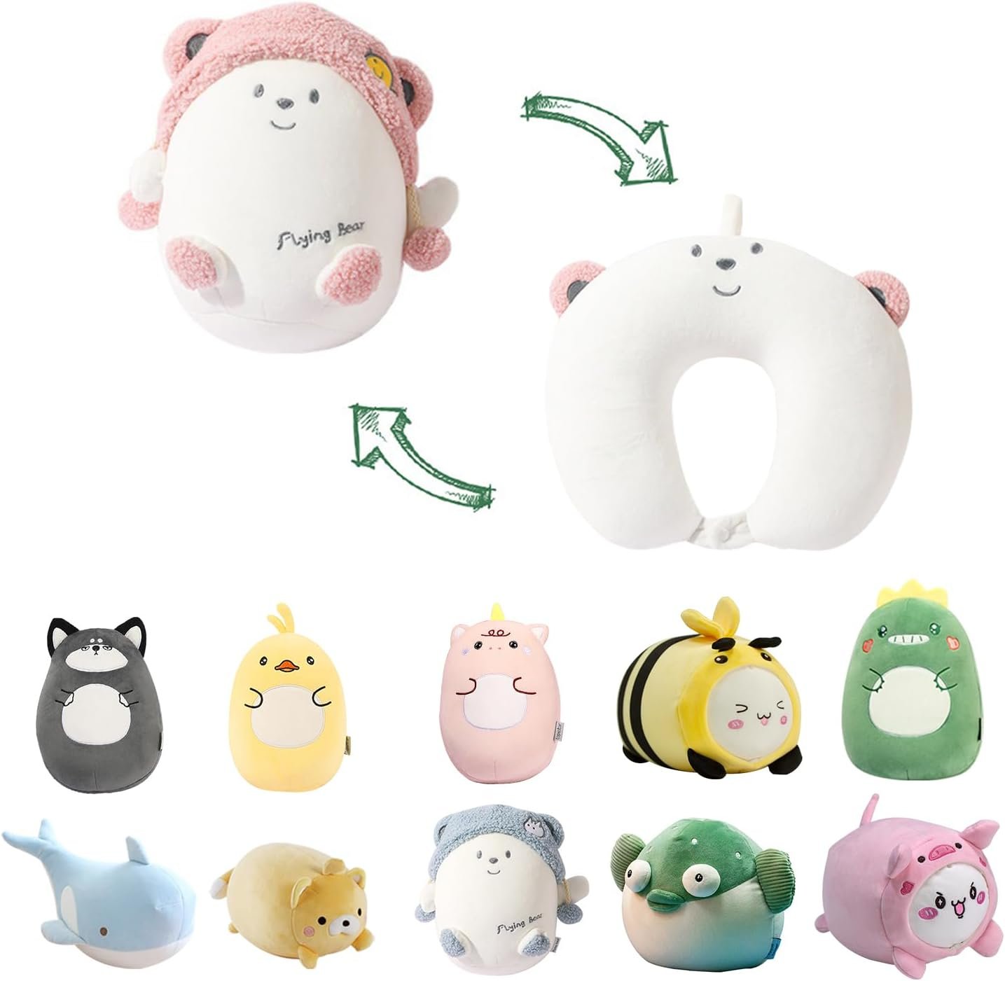 Kids Travel Pillow - 2-in-1 Deformable Kids Neck Pillow for Traveling, Soft U-Shaped Pillow with Adorable Animal Design, Comfy Sleep and Play, Ideal for Airplanes and Cars - Gray Husky |