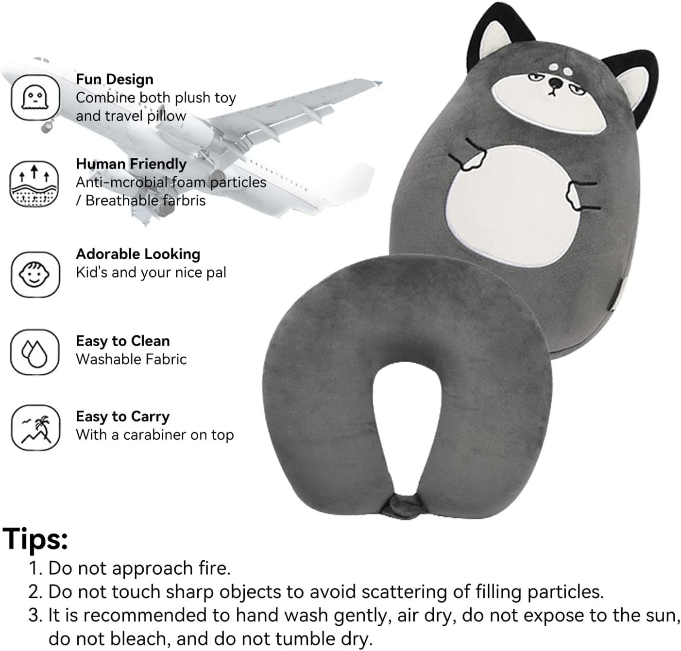 Kids Travel Pillow - 2-in-1 Deformable Kids Neck Pillow for Traveling, Soft U-Shaped Pillow with Adorable Animal Design, Comfy Sleep and Play, Ideal for Airplanes and Cars - Gray Husky |