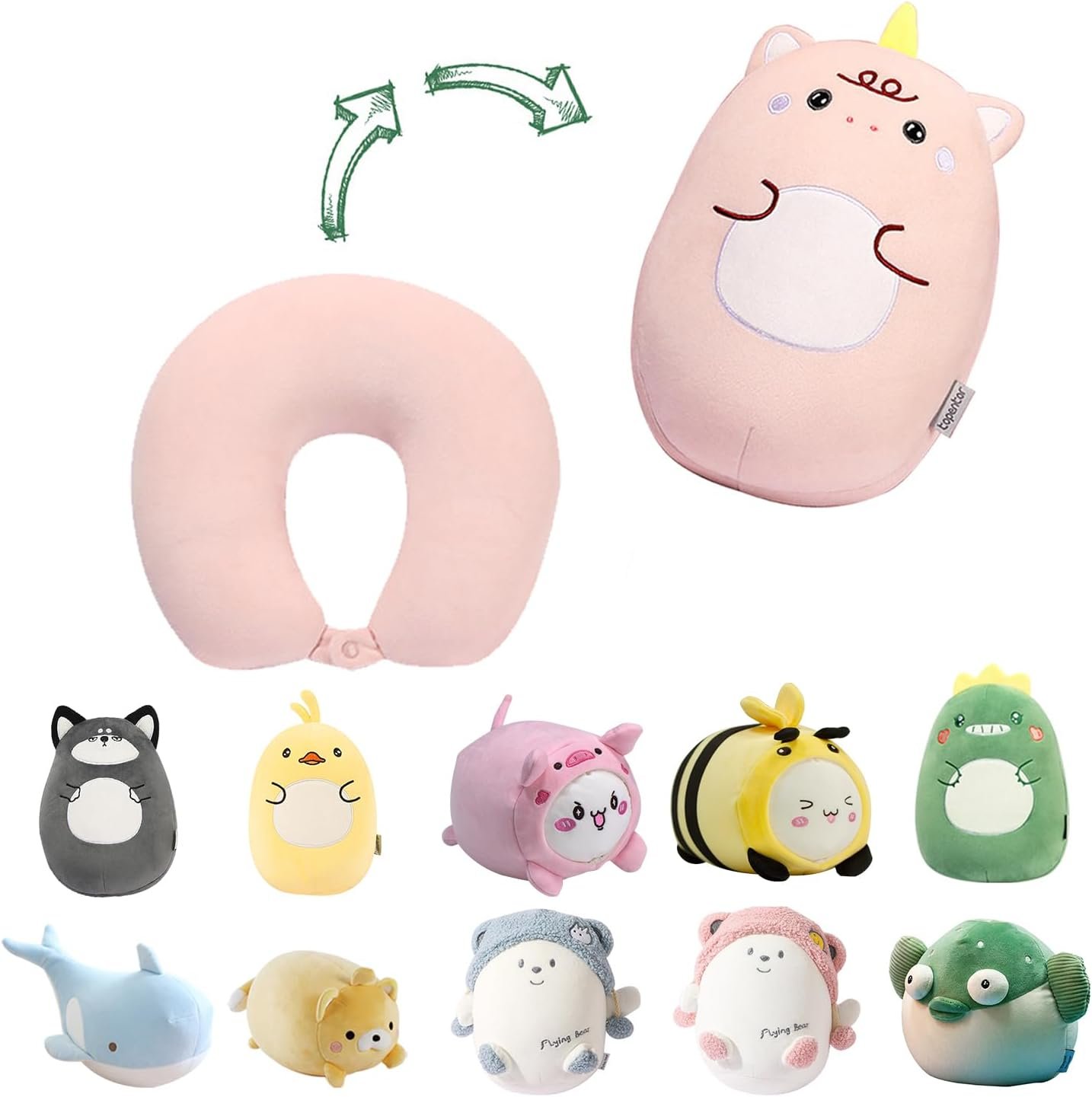 Kids Travel Pillow - 2-in-1 Deformable Kids Neck Pillow for Traveling, Soft U-Shaped Pillow with Adorable Animal Design, Comfy Sleep and Play, Ideal for Airplanes and Cars - Gray Husky |