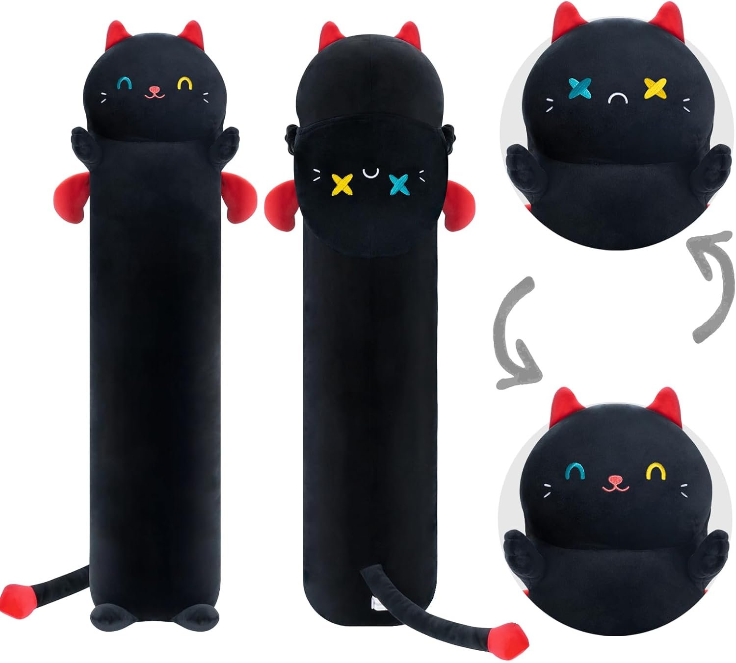 Long Cat Plush Body Pillow, 20?? Cute Black Cat Stuffed Animals Plushies, Kawaii Big Squishy Plush Toys Gift for Kids Girls Boys |