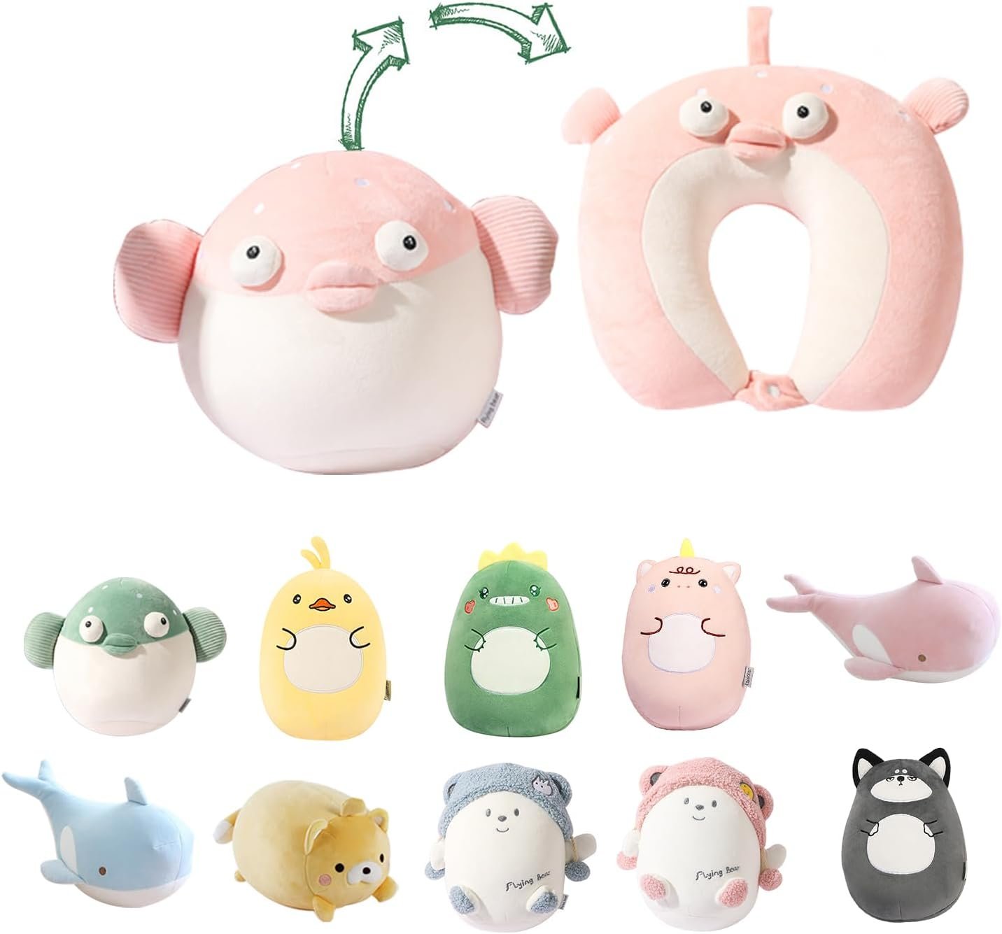 Kids Travel Pillow - 2-in-1 Deformable Kids Neck Pillow for Traveling, Soft U-Shaped Pillow with Adorable Animal Design, Comfy Sleep and Play, Ideal for Airplanes and Cars - Gray Husky |