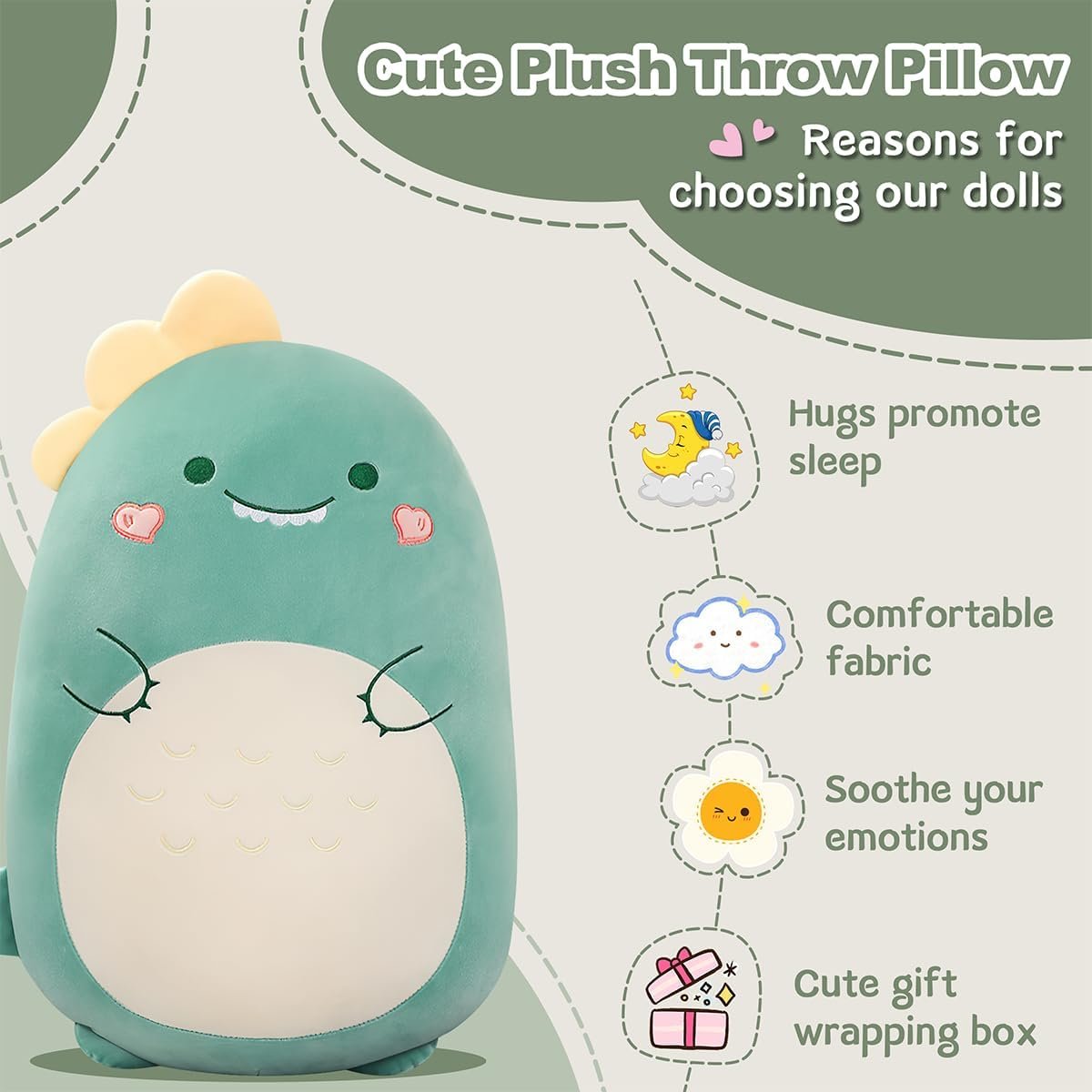 Dinosaur Plush Pillow, 23.6" Dinosaur Stuffed Animal Squishy Giant Dino Hugging Sleeping Pillow Cuddly Dinosaur Plushies Kawaii Body Pillow Easter Birthday Gift for Kids Girls |