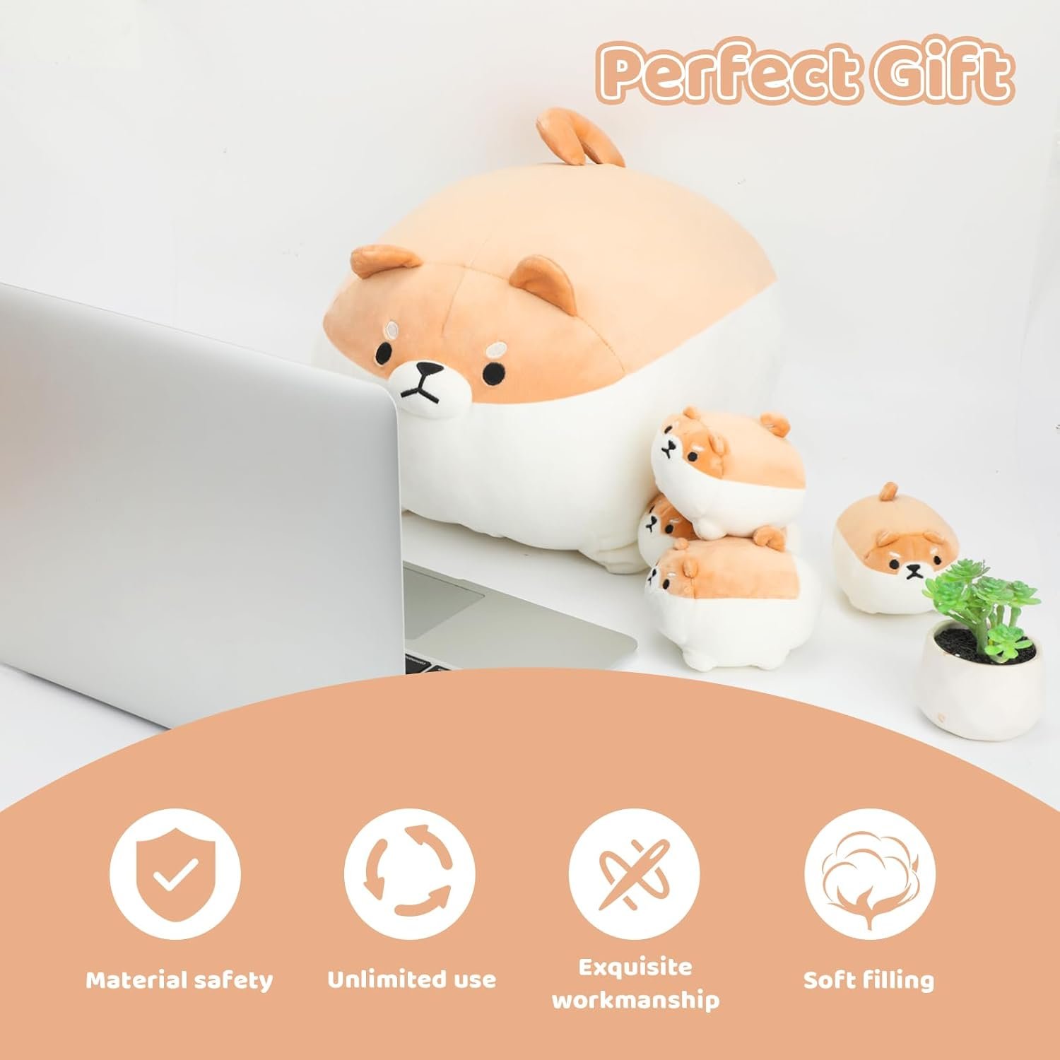 Shiba Inu Plush Pillow 16 Inch with 4 Babies in Mommy??s Belly, Super Soft Cartoon Dog Stuffed Animal Squishmallow Gift for Kid's Birthday |