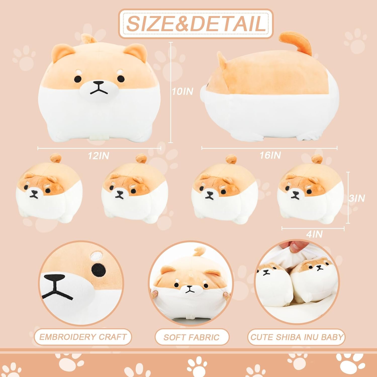 Shiba Inu Plush Pillow 16 Inch with 4 Babies in Mommy??s Belly, Super Soft Cartoon Dog Stuffed Animal Squishmallow Gift for Kid's Birthday |