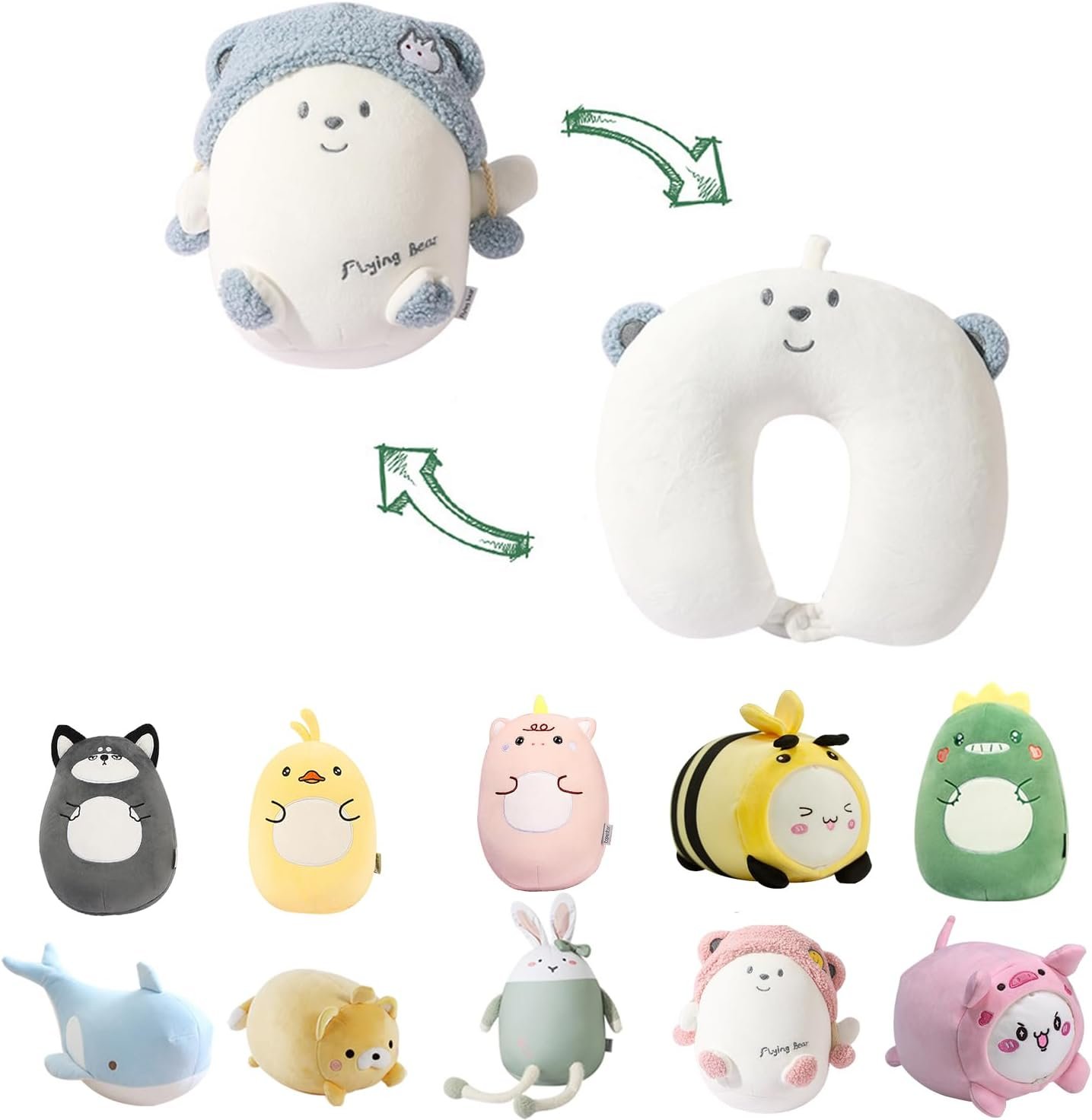 Kids Travel Pillow - 2-in-1 Deformable Kids Neck Pillow for Traveling, Soft U-Shaped Pillow with Adorable Animal Design, Comfy Sleep and Play, Ideal for Airplanes and Cars - Gray Husky |