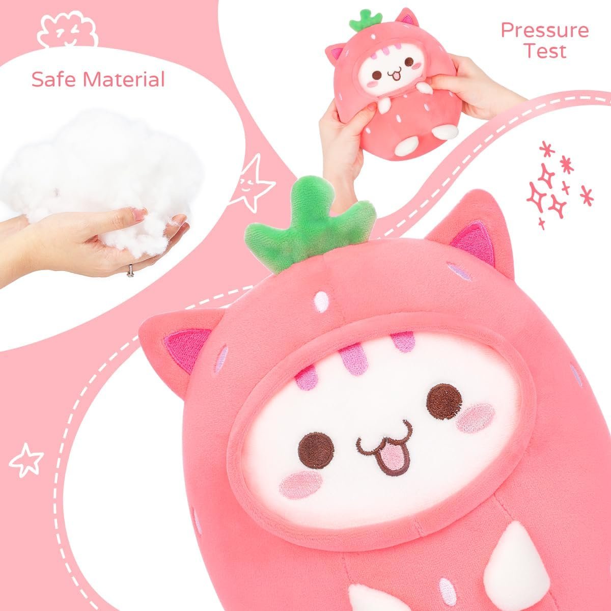 Cute Strawberry Cat Plush Pillow 8" Kitten Stuffed Animal, Soft Kawaii Cat Plushie with Strawberry Outfit Costume Gift for Kids |