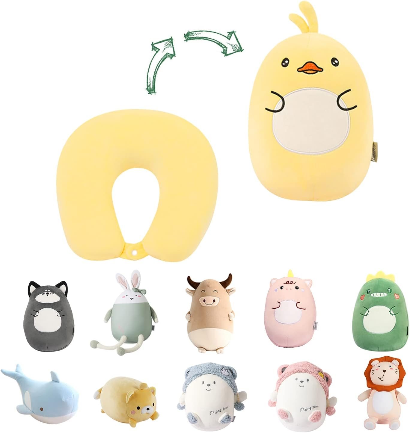 Kids Travel Pillow - 2-in-1 Deformable Kids Neck Pillow for Traveling, Soft U-Shaped Pillow with Adorable Animal Design, Comfy Sleep and Play, Ideal for Airplanes and Cars - Gray Husky |