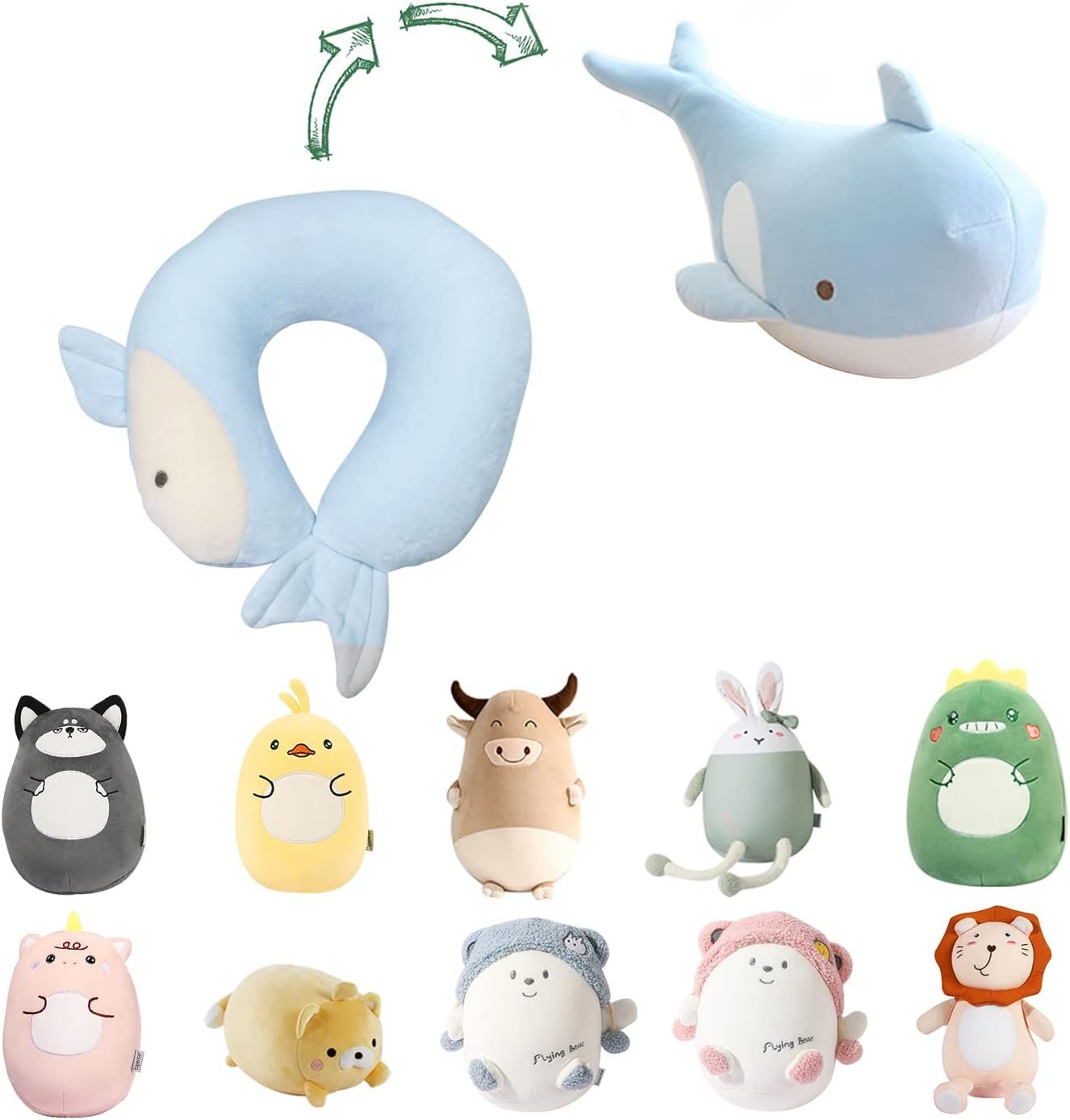 Kids Travel Pillow - 2-in-1 Deformable Kids Neck Pillow for Traveling, Soft U-Shaped Pillow with Adorable Animal Design, Comfy Sleep and Play, Ideal for Airplanes and Cars - Gray Husky |