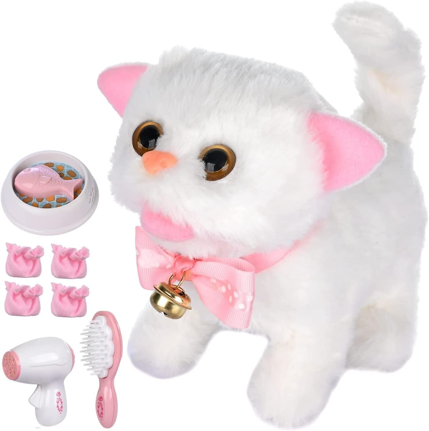 WorWoder Plush Electronic Interactive Cats That Move and Meow Walking Lifelike Interactive Toy Robot Kitten Pet Cute Stuffed Kitten for Girls Kids (White) |