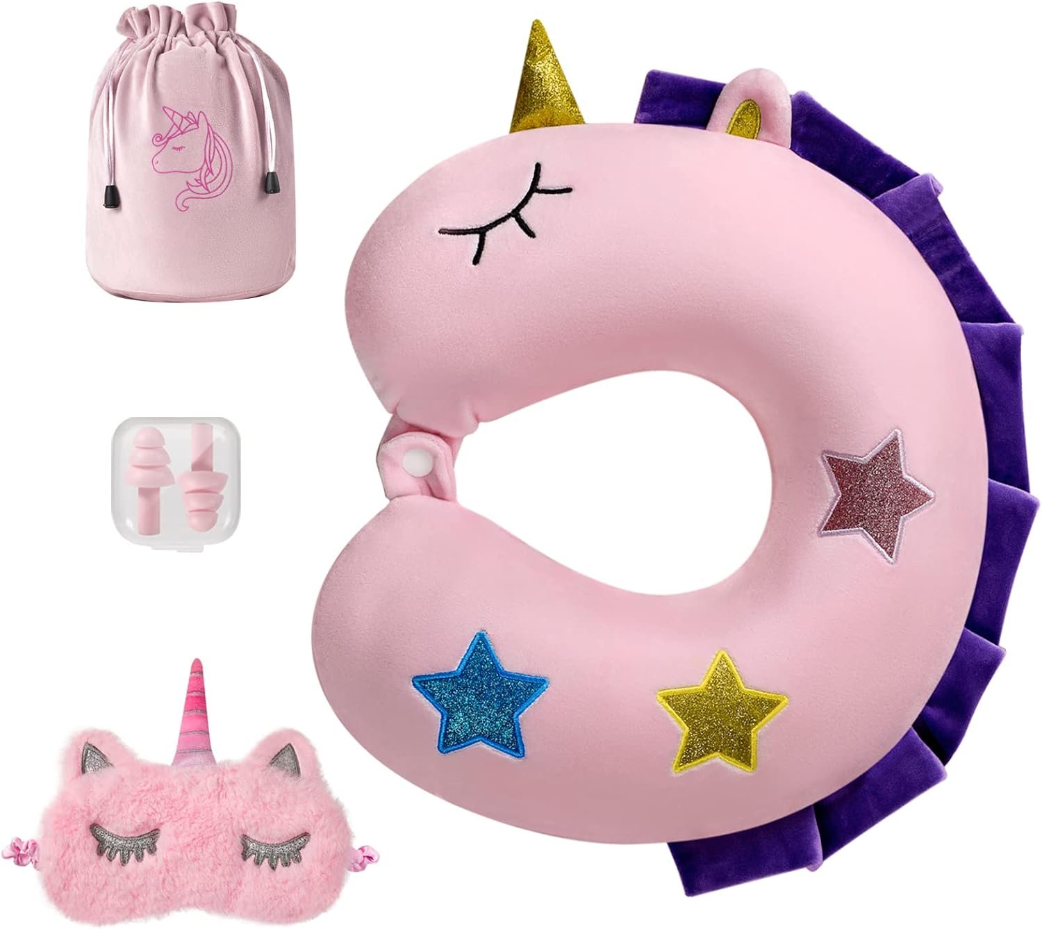 Neck Travel Pillow for Kids, Unicorn Airplane Memory Foam Pillow with Cute Sleep Mask & Earplugs, Lightweight Travelling Sleeping Pillow Set for Car, Train, Bus and Home Use (Purple) |