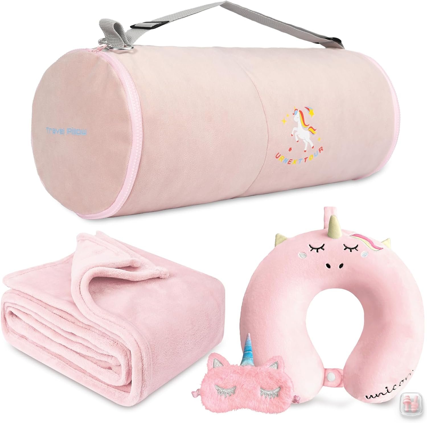 Neck Travel Pillow for Kids, Unicorn Airplane Memory Foam Pillow with Cute Sleep Mask & Earplugs, Lightweight Travelling Sleeping Pillow Set for Car, Train, Bus and Home Use (Purple) |