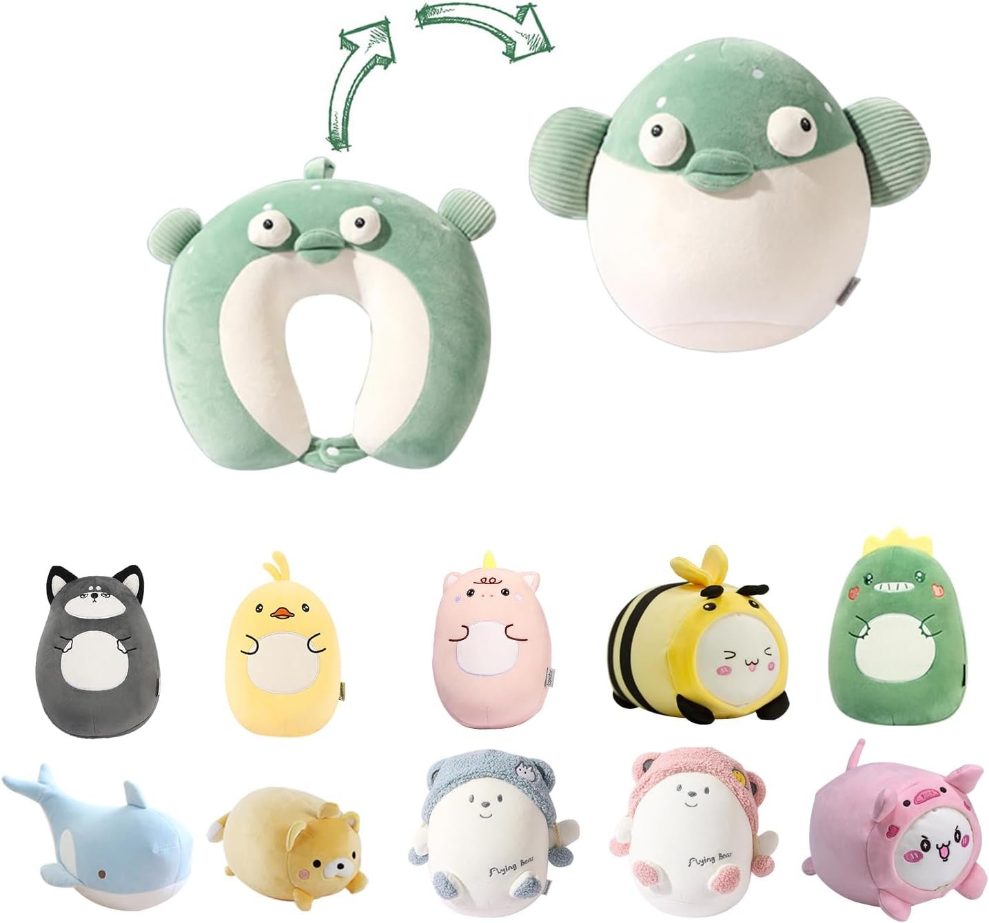 Kids Travel Pillow - 2-in-1 Deformable Kids Neck Pillow for Traveling, Soft U-Shaped Pillow with Adorable Animal Design, Comfy Sleep and Play, Ideal for Airplanes and Cars - Gray Husky |