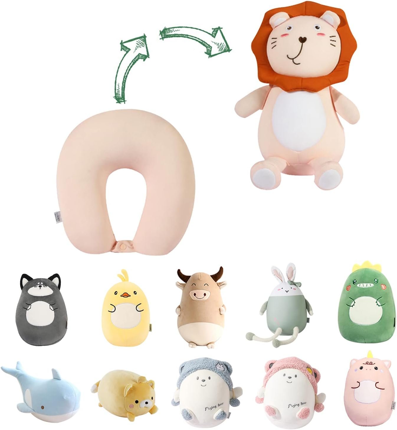 Kids Travel Pillow - 2-in-1 Deformable Kids Neck Pillow for Traveling, Soft U-Shaped Pillow with Adorable Animal Design, Comfy Sleep and Play, Ideal for Airplanes and Cars - Gray Husky |