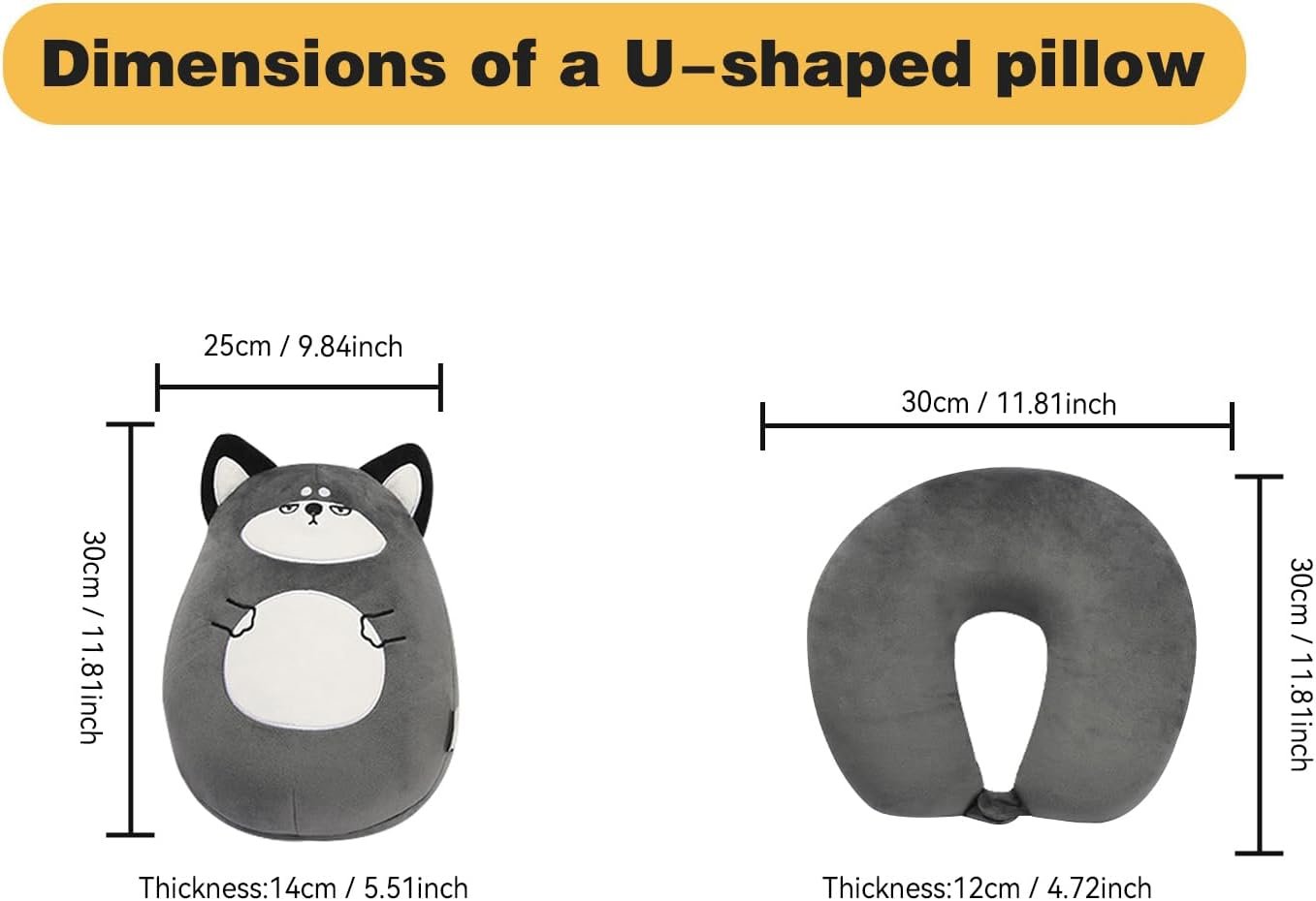 Kids Travel Pillow - 2-in-1 Deformable Kids Neck Pillow for Traveling, Soft U-Shaped Pillow with Adorable Animal Design, Comfy Sleep and Play, Ideal for Airplanes and Cars - Gray Husky |