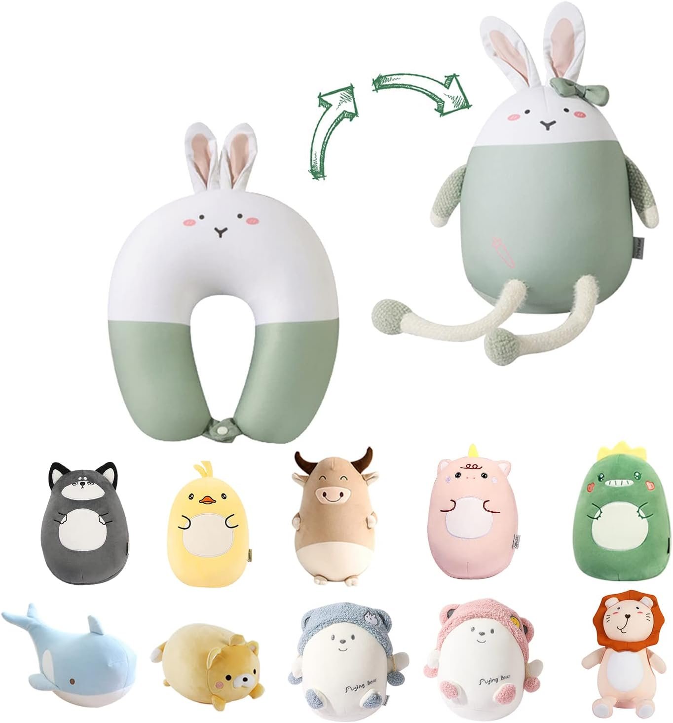 Kids Travel Pillow - 2-in-1 Deformable Kids Neck Pillow for Traveling, Soft U-Shaped Pillow with Adorable Animal Design, Comfy Sleep and Play, Ideal for Airplanes and Cars - Gray Husky |