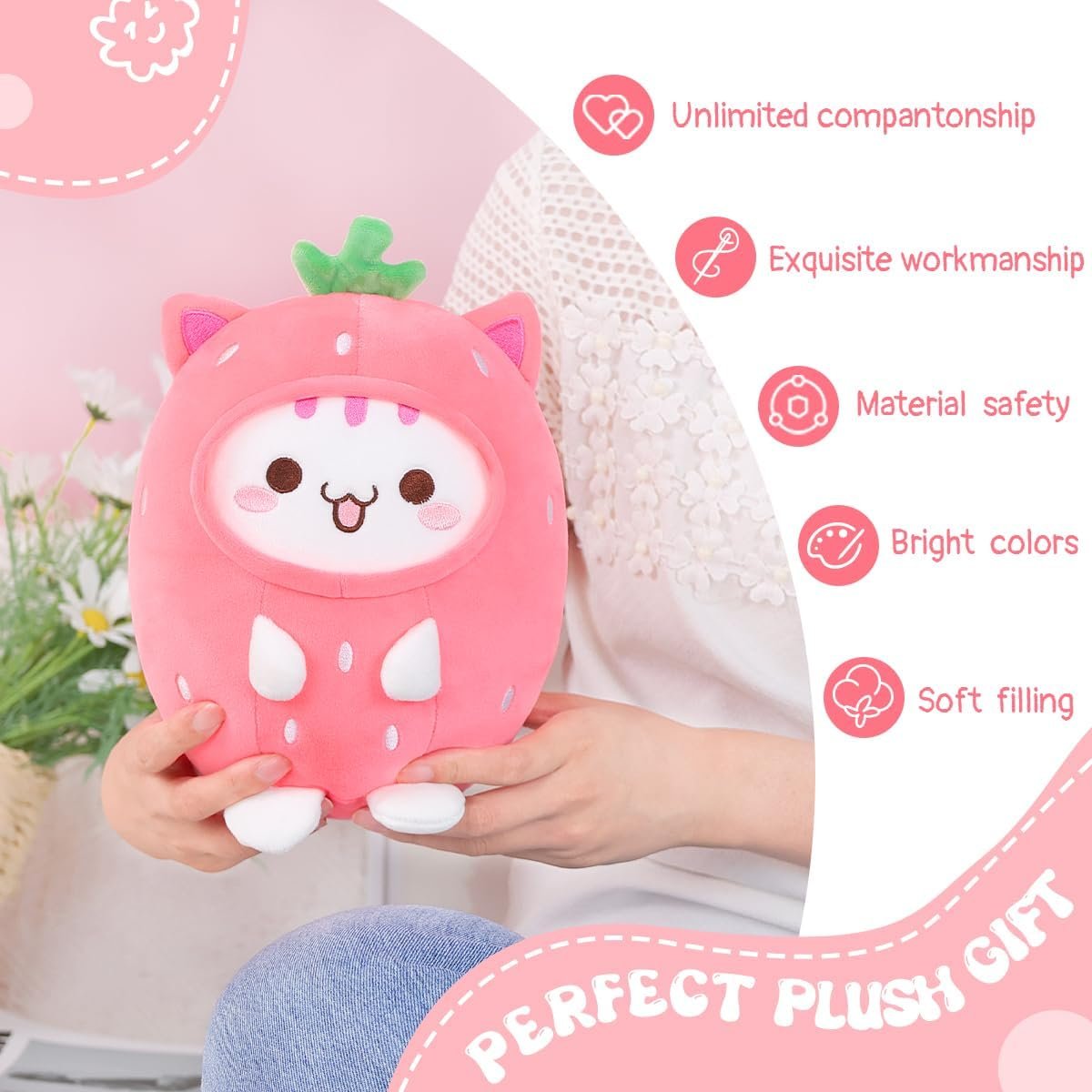 Cute Strawberry Cat Plush Pillow 8" Kitten Stuffed Animal, Soft Kawaii Cat Plushie with Strawberry Outfit Costume Gift for Kids |