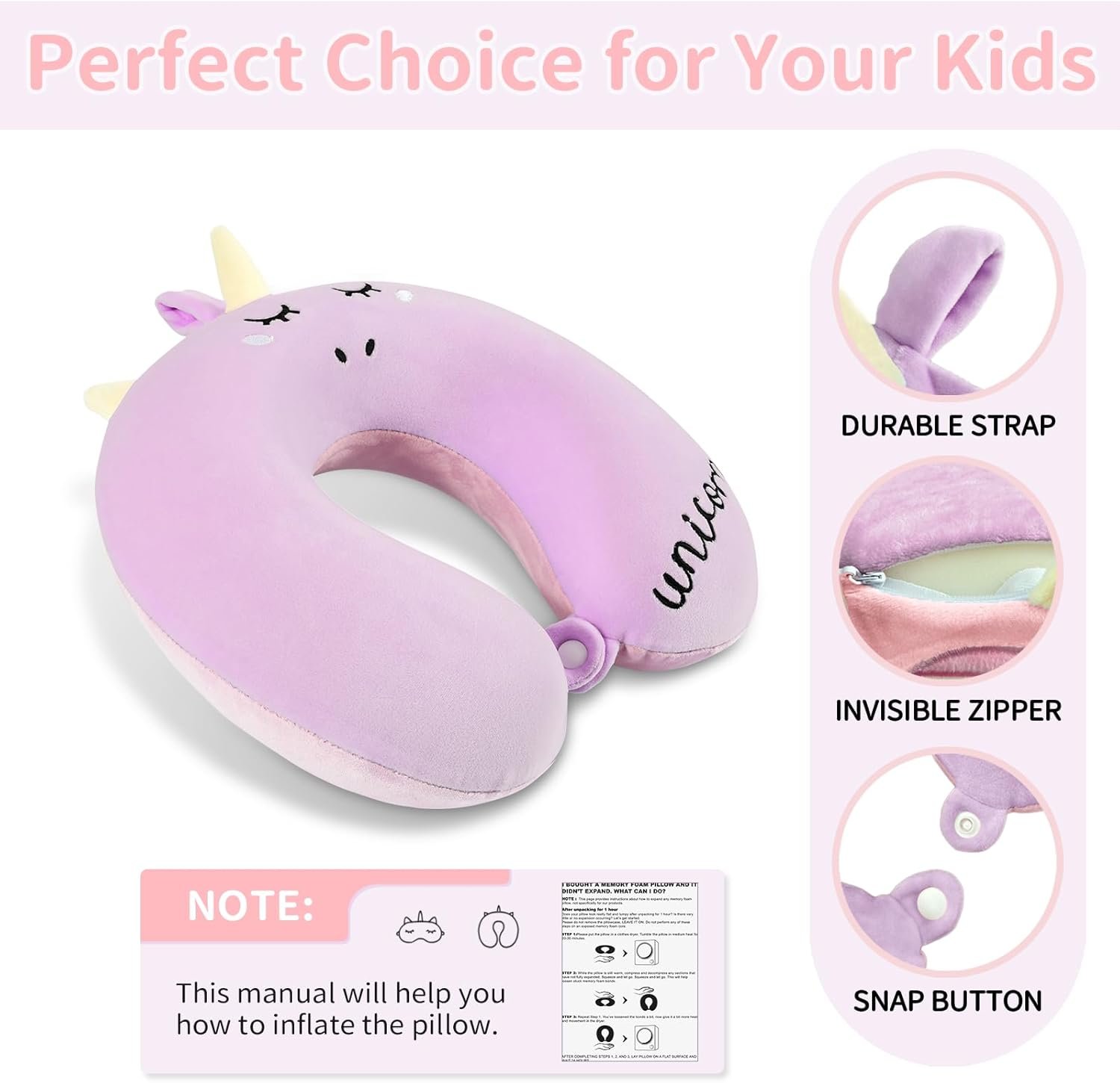 Neck Travel Pillow for Kids, Unicorn Airplane Memory Foam Pillow with Cute Sleep Mask & Earplugs, Lightweight Travelling Sleeping Pillow Set for Car, Train, Bus and Home Use (Purple) |