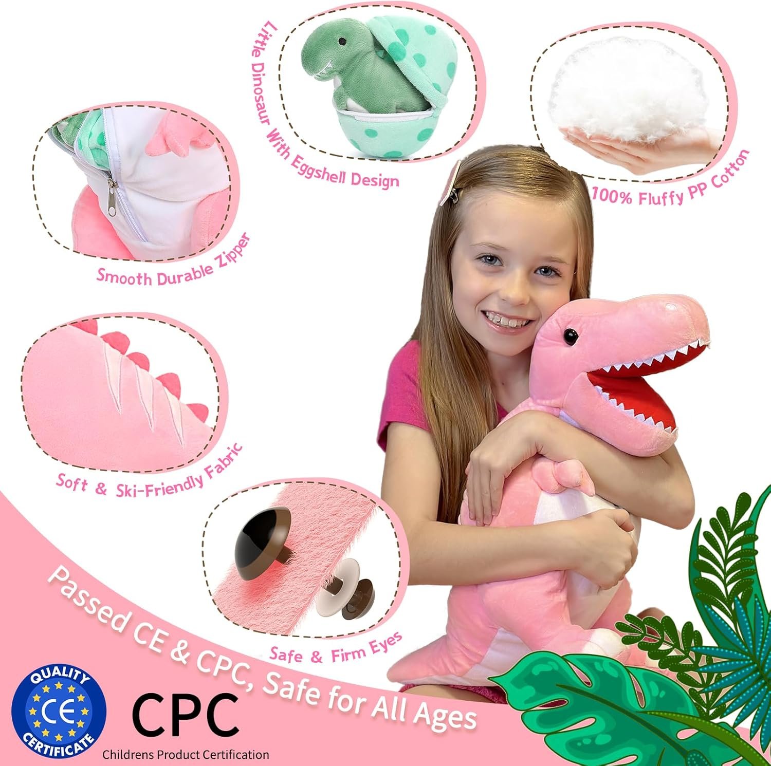 Dinosaur Stuffed Animal with Babies,23.6'' Big Mommy Stuffed Dinosaur with 3 Baby Dinosaur Stuffed Toys & 3 Eggs Plush Inside Belly, Boy Girl Dinosaur Toys for Kids 3-5, Pink T-rex Toy |