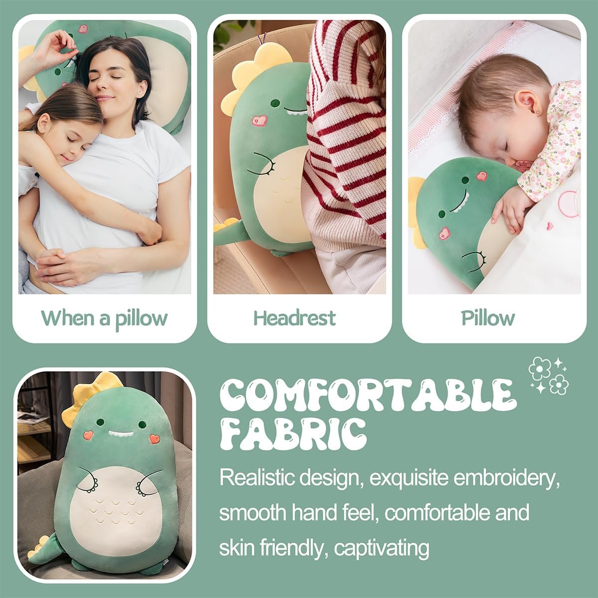 Dinosaur Plush Pillow, 23.6" Dinosaur Stuffed Animal Squishy Giant Dino Hugging Sleeping Pillow Cuddly Dinosaur Plushies Kawaii Body Pillow Easter Birthday Gift for Kids Girls |