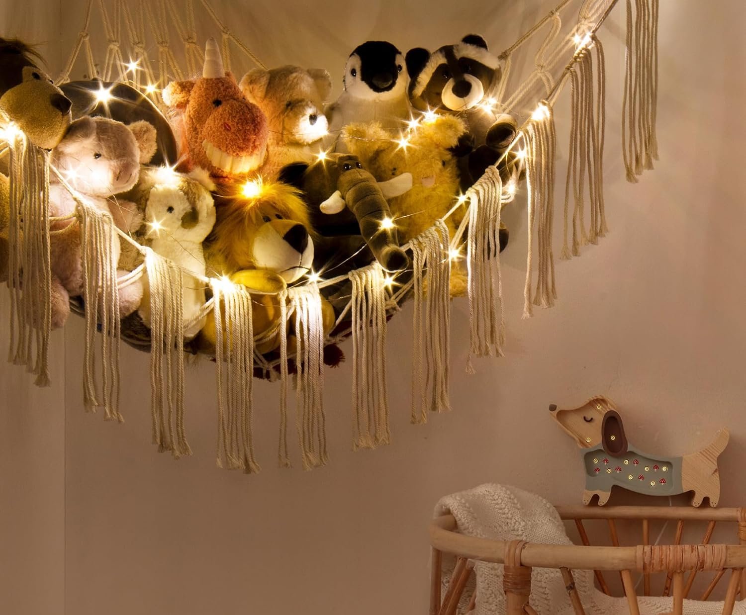 Stuffed Animal Hammock Corner with LED Light - Toy Storage Hammock Plushie Net Large - Cute Stuff Animals Holder Hanging Organizer - Baby Room Decor Kids Toddler Nursery Bedroom Boho |