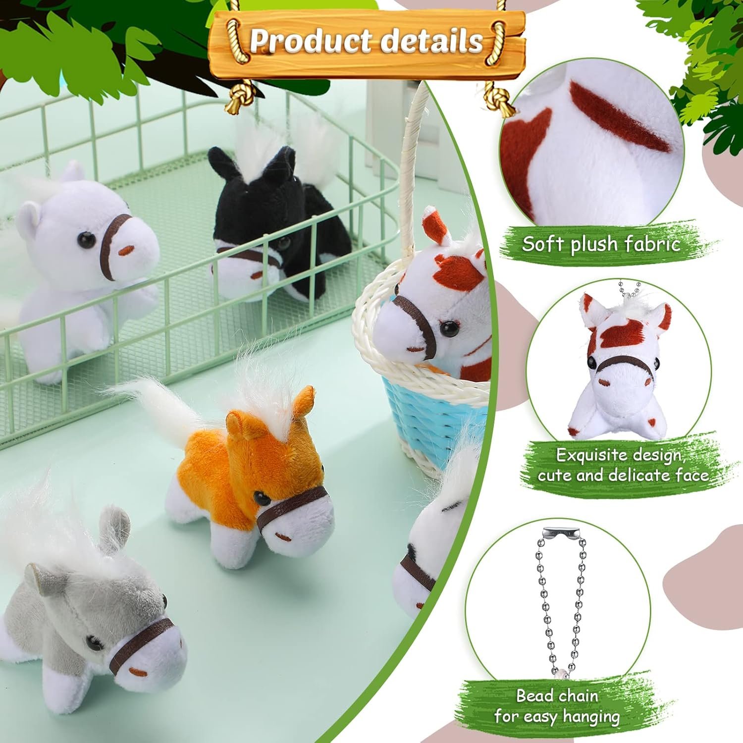 Horse Plush Toys - 24 Pcs Mini Horses, 3.15 Inch, Detachable Chain, Farm Theme Party Favors -