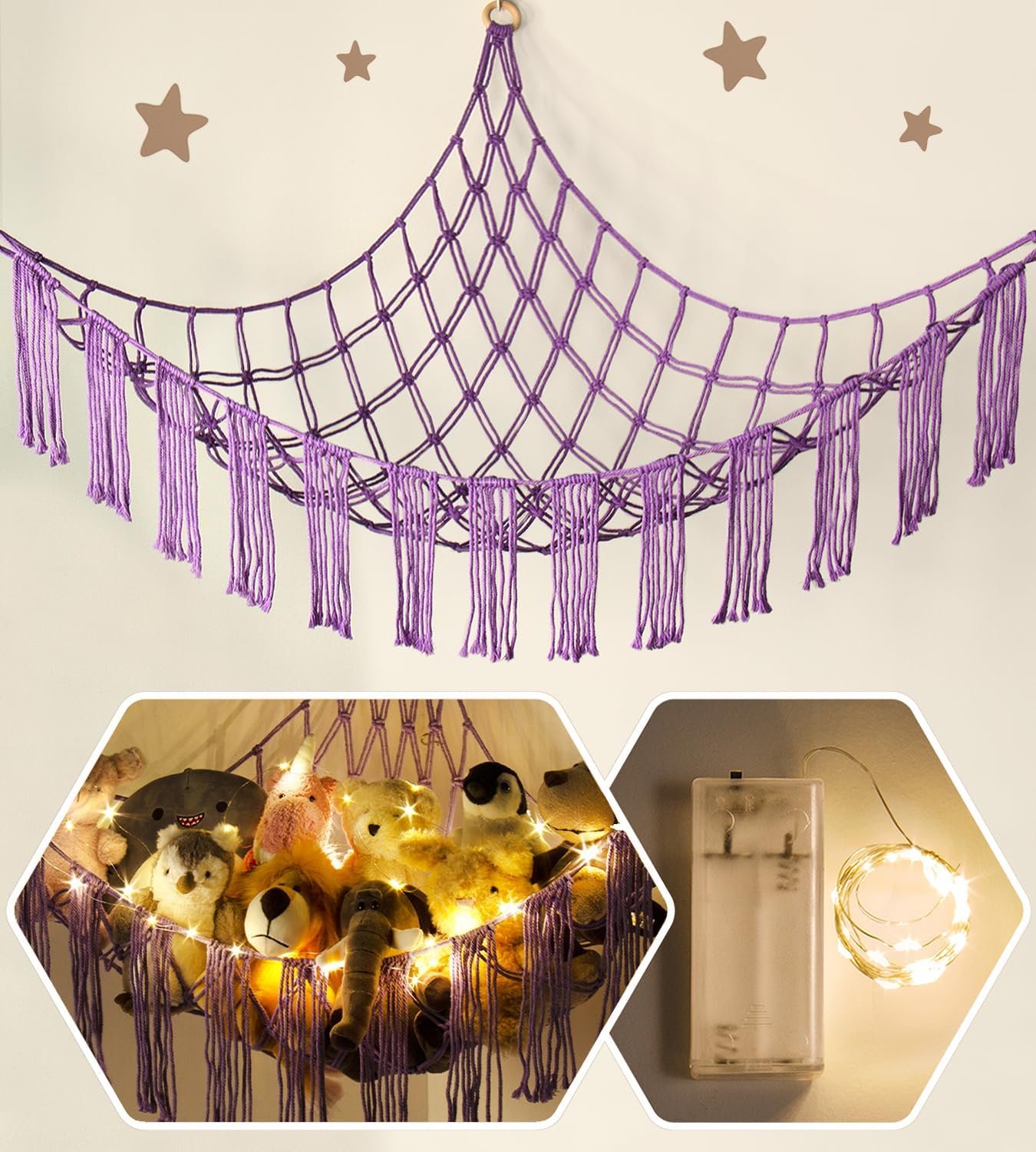 Stuffed Animal Hammock Corner with LED Light - Toy Storage Hammock Plushie Net Large - Cute Stuff Animals Holder Hanging Organizer - Baby Room Decor Kids Toddler Nursery Bedroom Boho |