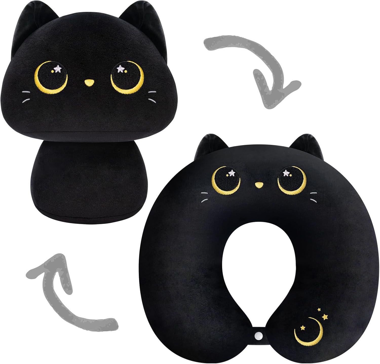 Kids Travel Pillow, 2 in 1 Deformable Kids Neck Pillow with U-Shaped Pillow & Cute Black Cat Animal Reversible Plush Toy for Airplane, Car, Train - 13 Inches |