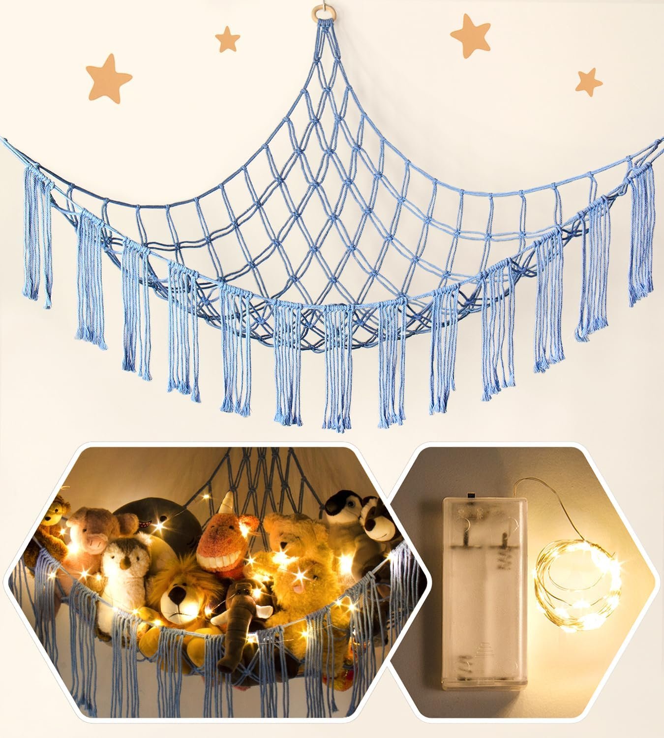 Stuffed Animal Hammock Corner with LED Light - Toy Storage Hammock Plushie Net Large - Cute Stuff Animals Holder Hanging Organizer - Baby Room Decor Kids Toddler Nursery Bedroom Boho |