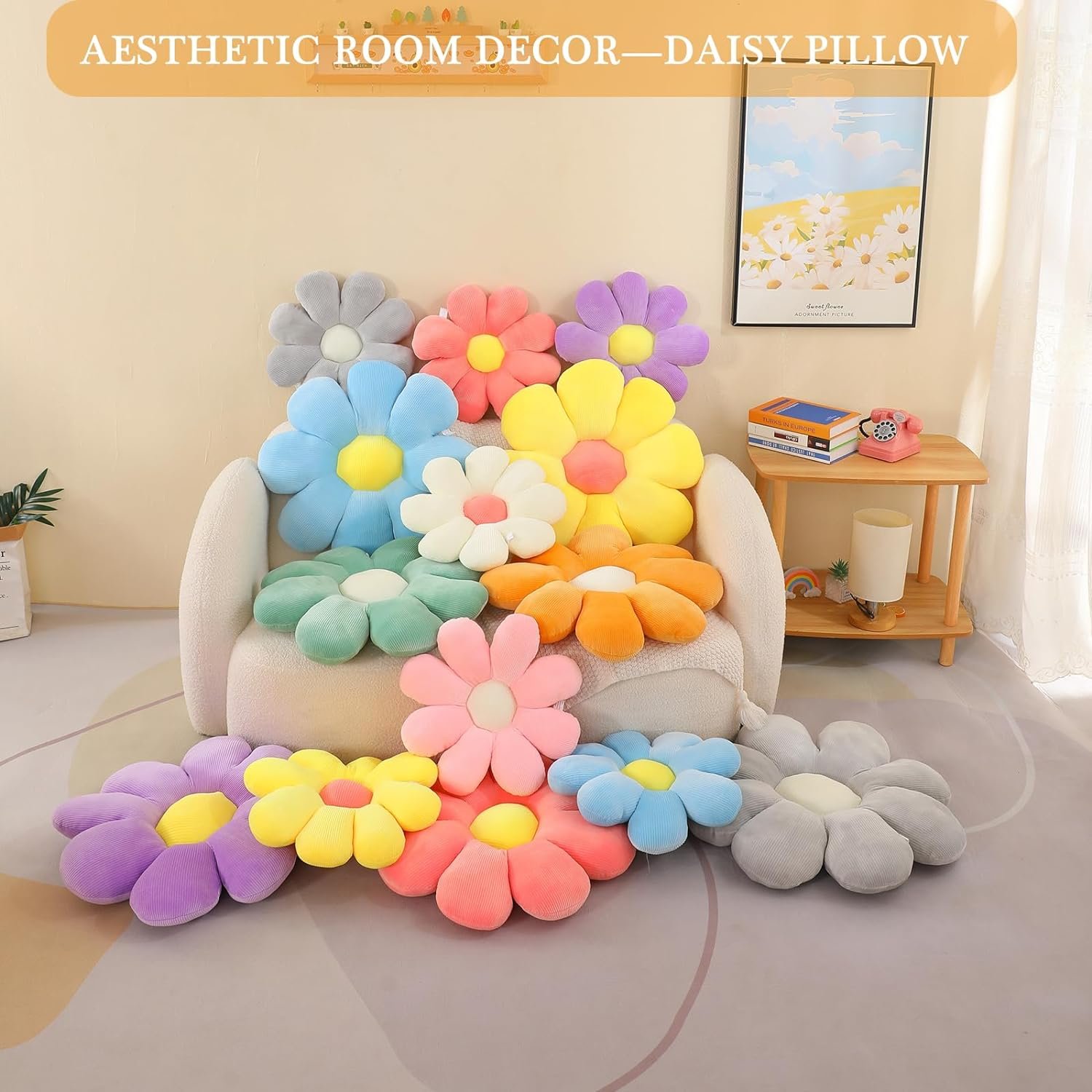 71DZ7zLd9ZL._AC_SL1500_d4031228-006f-4832-b4f4-d16bab7abe1d Menoeceus Flower Pillow, Daisy Pillow Flower Shaped Throw Pillow Floor Pillow Plush Pillow Cute Decorative Pillows Floor Cushions Flower Seat Cushion for Bedroom Sofa Chair (White, 15.75") |