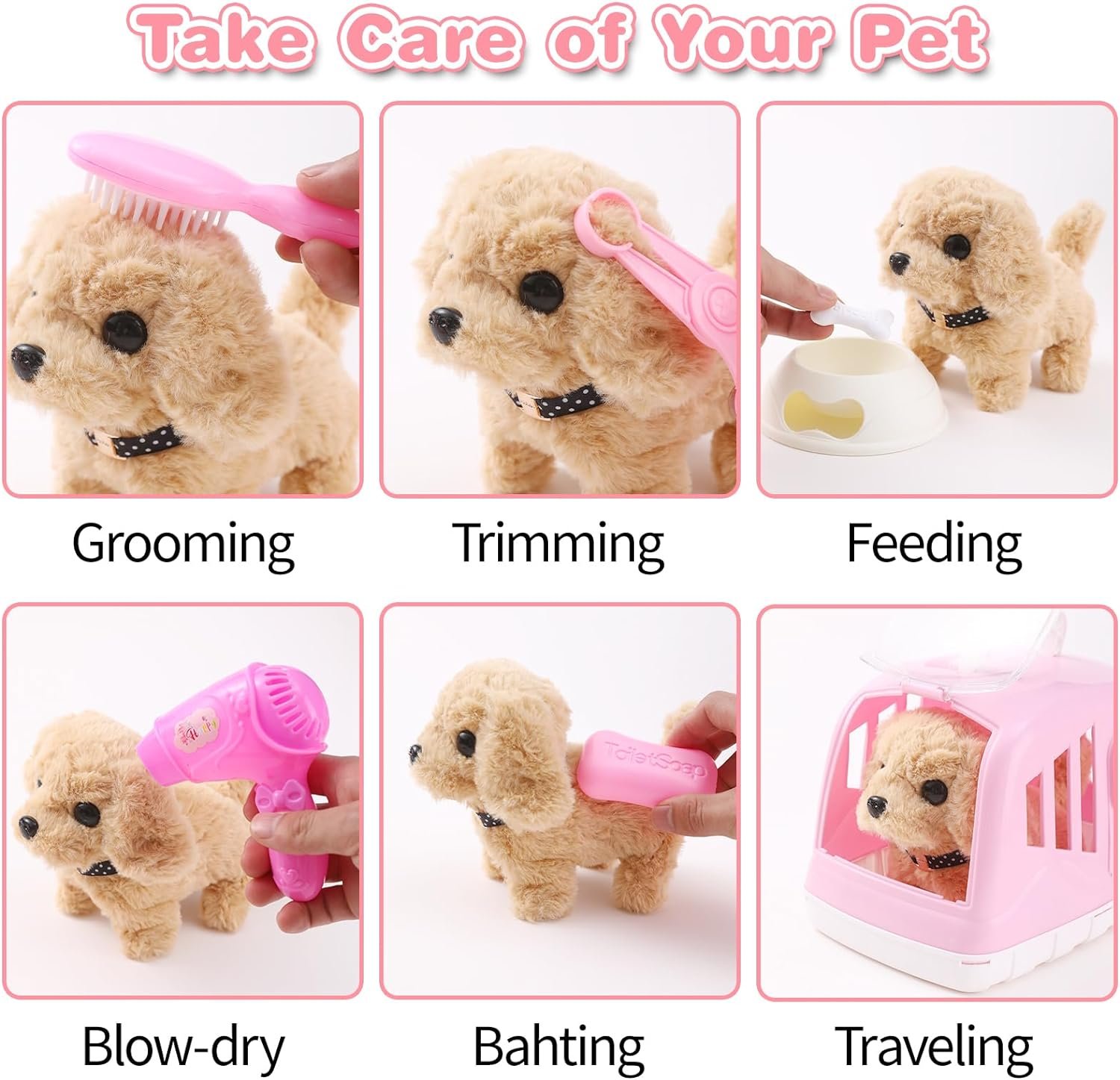 14PCS Dog Toys for Kids, Walking Barking Electronic Interactive Plush Puppy Toy with Carrier and Accessories, Pet Care Toy Set for Kids, for Girls and Boys 3 4 5 6+ Year Old |