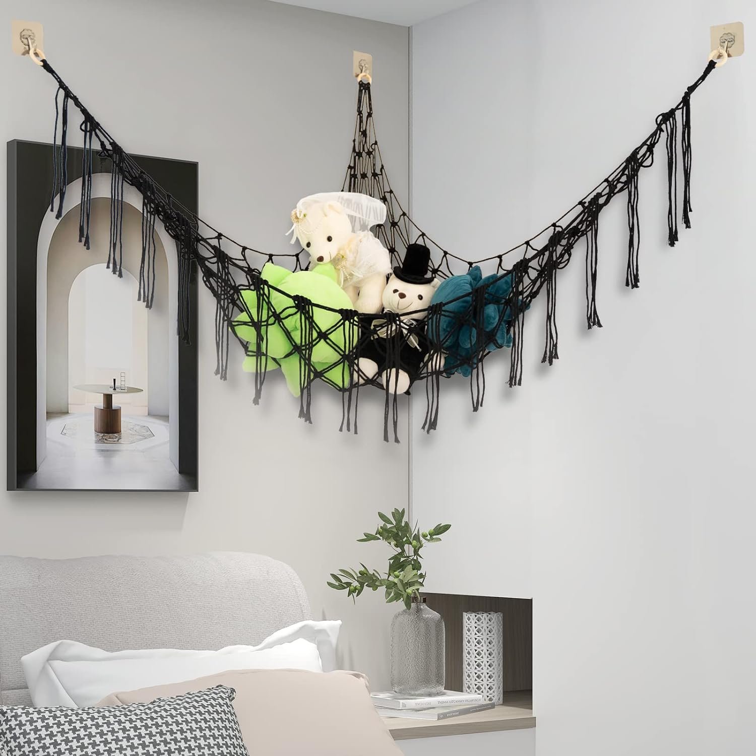 71JkbFbv2kL._AC_SL1500 Stuffed Animals Net or Hammock Large,55 inch Toy Hammock Macrame Stuff Animal Storage Corner Hanging Net Holder,Mesh Hammock Plush Toy Organizer with Hooks for Bedroom,Nursery (White) |