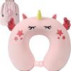 Neck Travel Pillow for Kids, Unicorn Airplane Memory Foam Pillow with Cute Sleep Mask & Earplugs, Lightweight Travelling Sleeping Pillow Set for Car, Train, Bus and Home Use (Purple) |