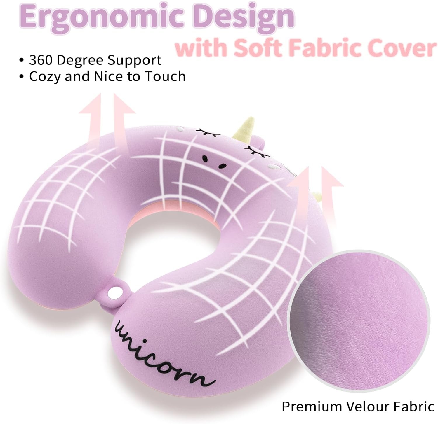Neck Travel Pillow for Kids, Unicorn Airplane Memory Foam Pillow with Cute Sleep Mask & Earplugs, Lightweight Travelling Sleeping Pillow Set for Car, Train, Bus and Home Use (Purple) |