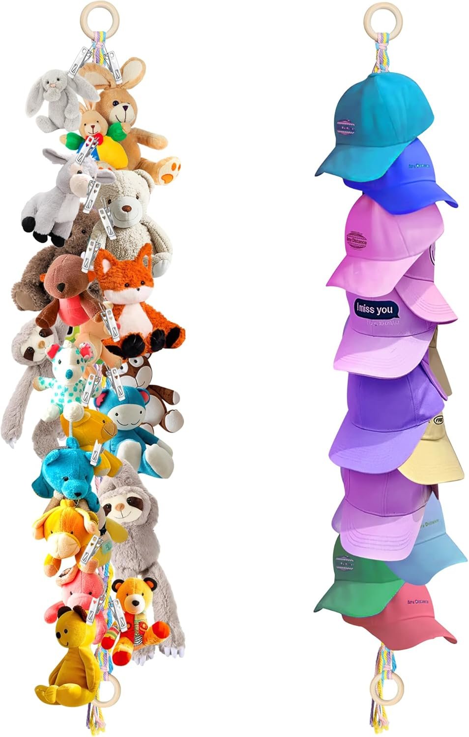 71MkSQGaoWL._AC_SL1500 Stuffed Animal Storage Hammock Corner - Hanging Stuffed Animal Holder with 20 PCS Metal Clips, Boho Stuffed Animal Organizer Chain for Hanging Hats Socks Holiday Cards |