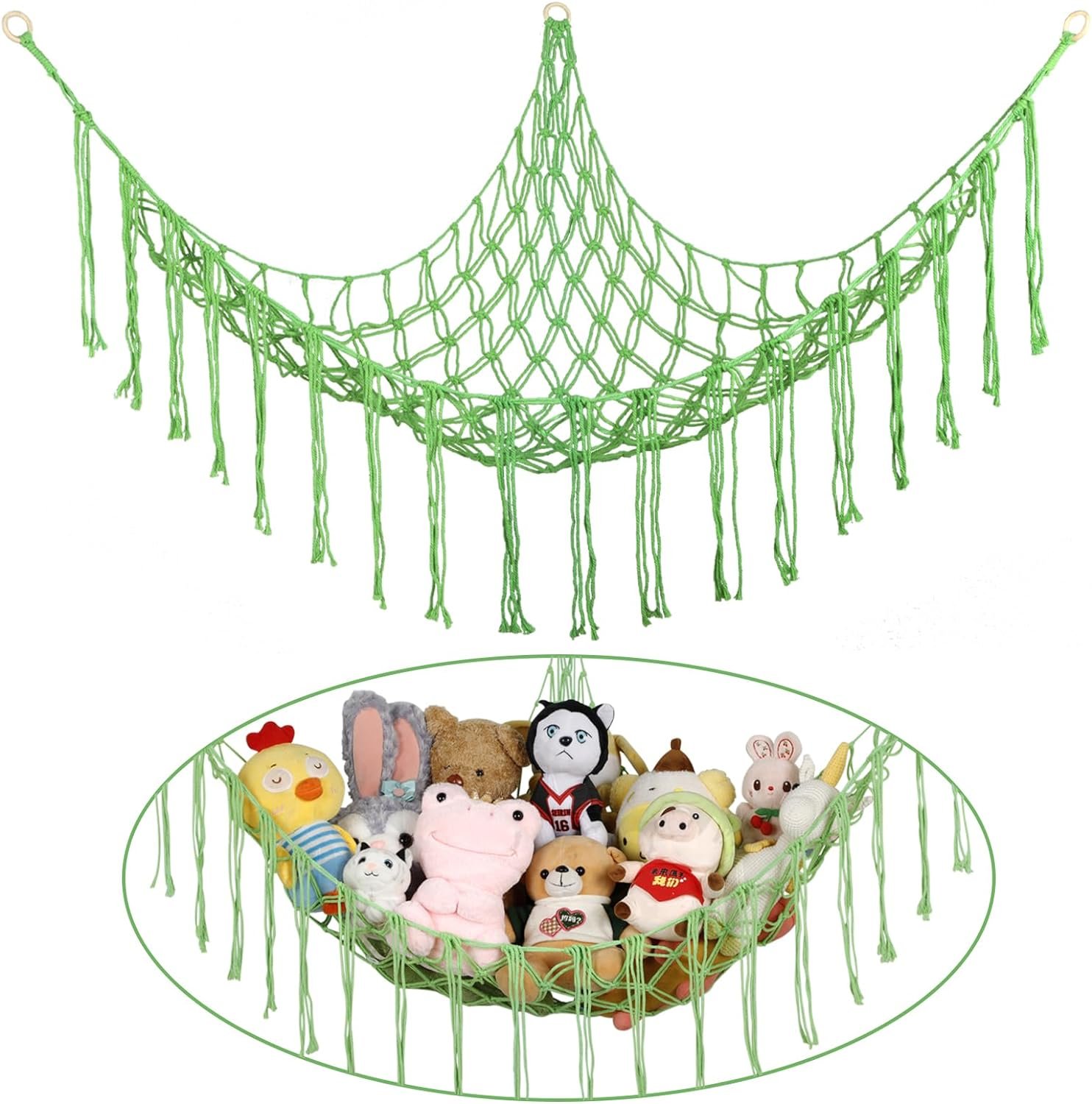71Oq4r2baML._AC_SL1500 Stuffed Animals Net or Hammock Large,55 inch Toy Hammock Macrame Stuff Animal Storage Corner Hanging Net Holder,Mesh Hammock Plush Toy Organizer with Hooks for Bedroom,Nursery (White) |