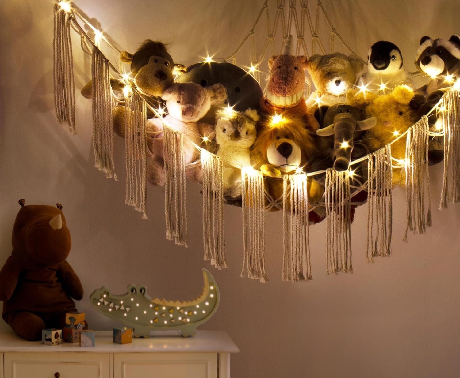 Stuffed Animal Hammock Corner with LED Light - Toy Storage Hammock Plushie Net Large - Cute Stuff Animals Holder Hanging Organizer - Baby Room Decor Kids Toddler Nursery Bedroom Boho |