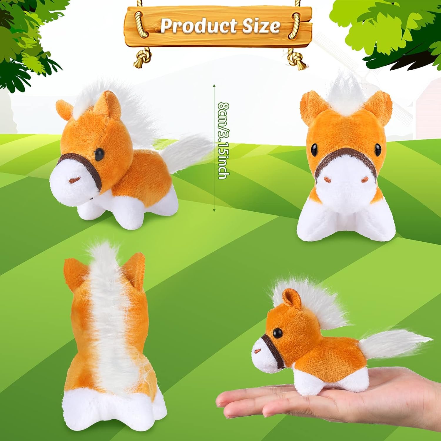 Horse Plush Toys - 24 Pcs Mini Horses, 3.15 Inch, Detachable Chain, Farm Theme Party Favors -