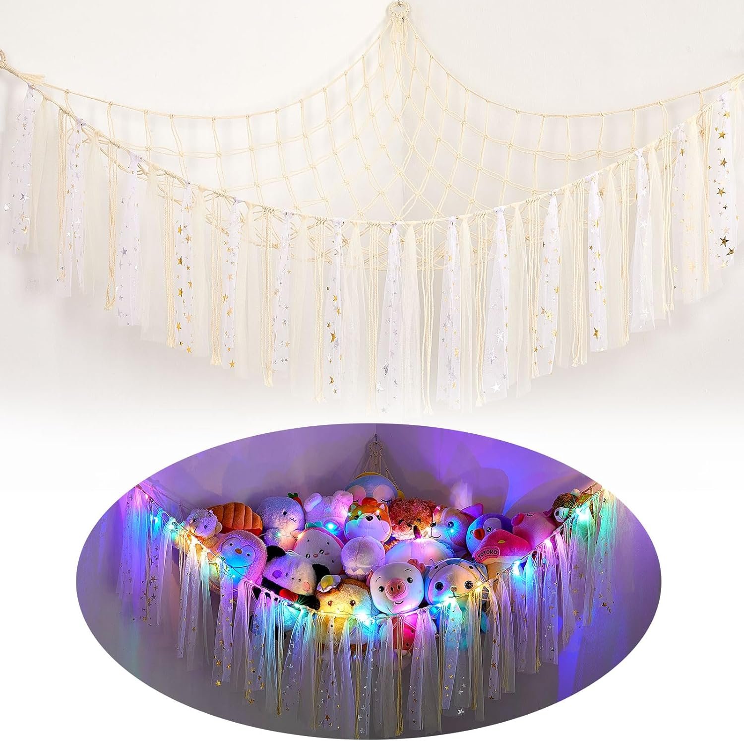 FIOBEE Stuffed Animals Net or Hammock with LED Light, Toy Hammock Hanging Stuffed Animals Storage Organizer Holder Room D??cor for Nursery Kids Bedroom |