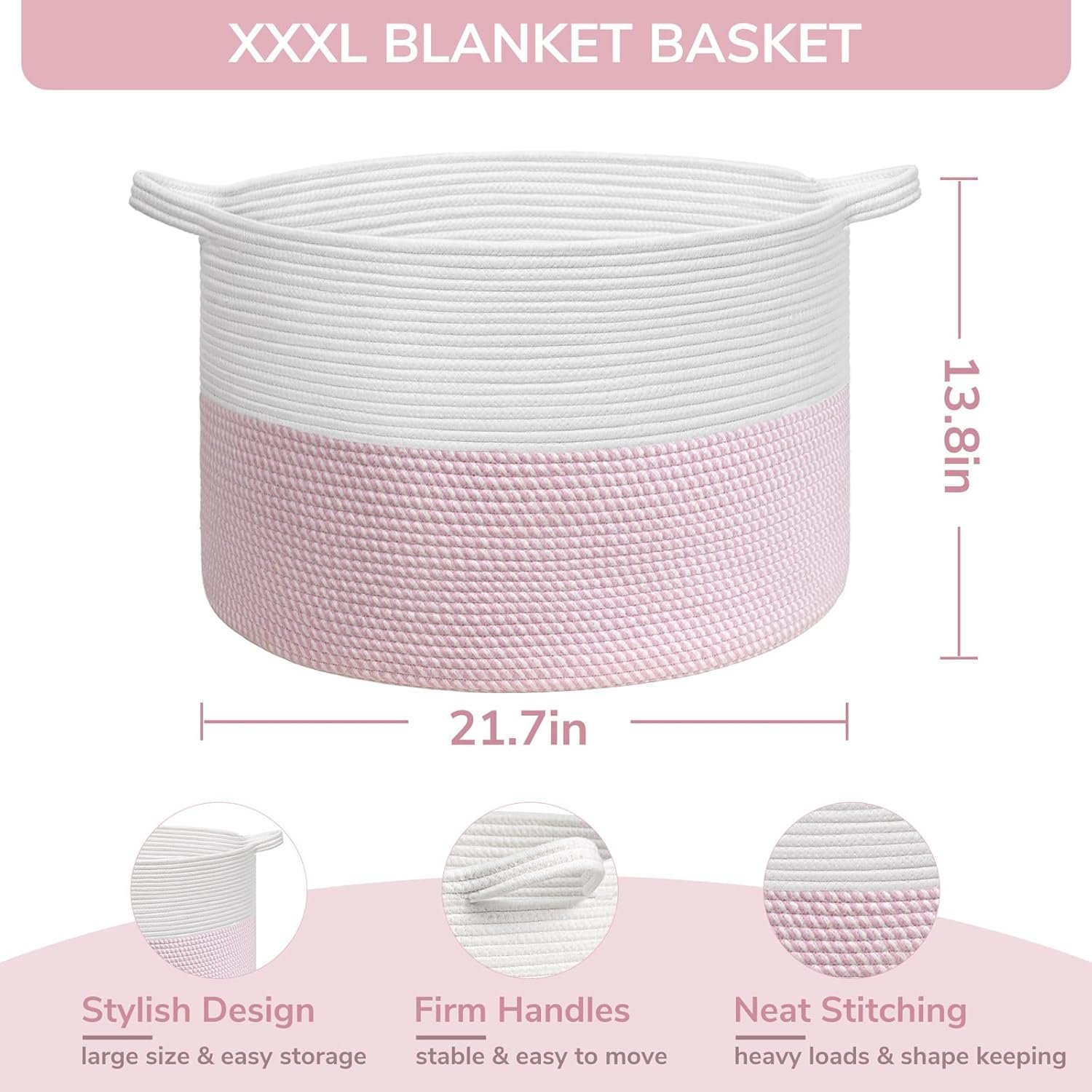 INDRESSME XXXLarge Storage Basket with Handle, Pink Laundry Basket for Nursery, Stuffed Animal, Baby Basket Kids Toy Storage Organizer, 21.7" x 21.7" x 13.8", Pink |