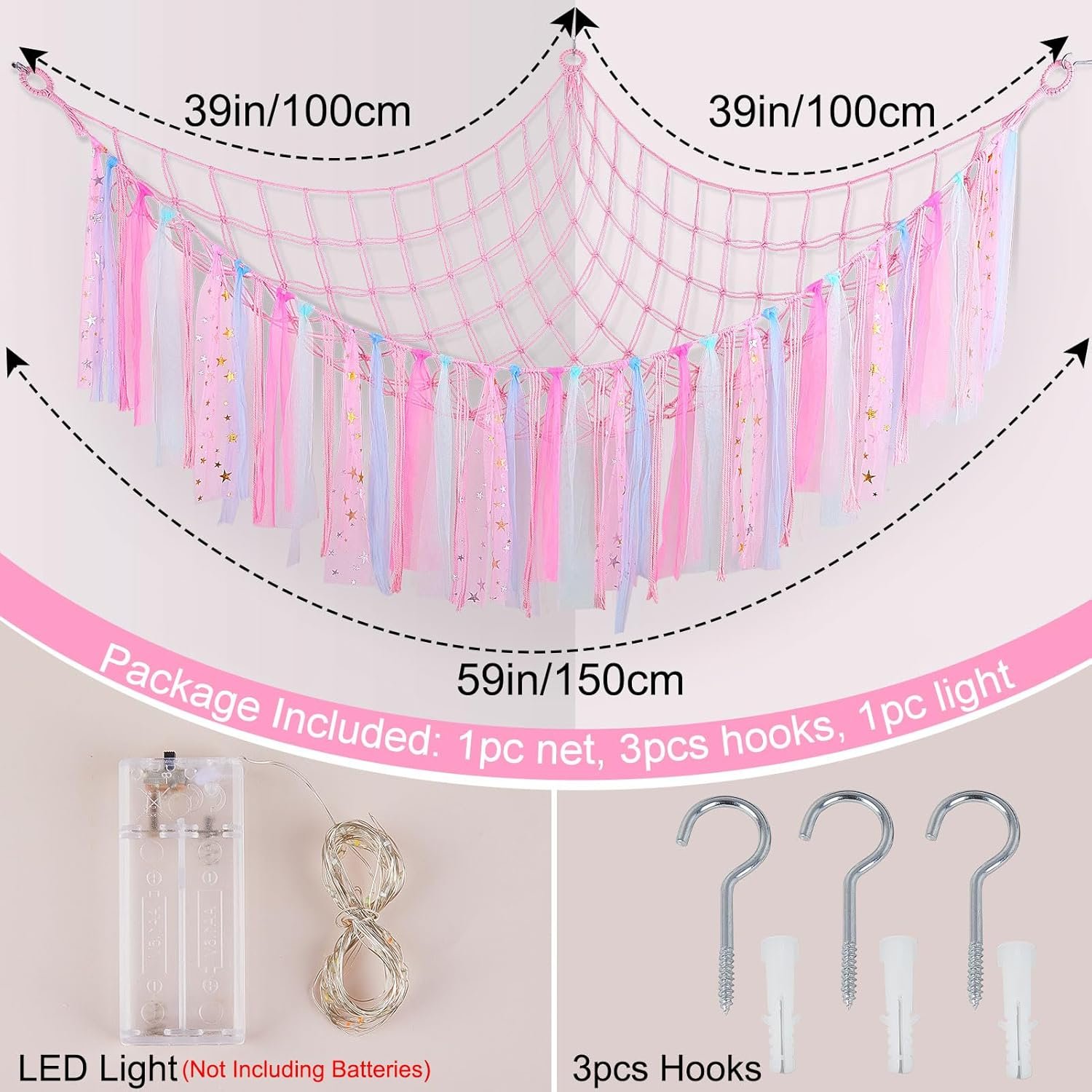 FIOBEE Stuffed Animals Net or Hammock with LED Light, Toy Hammock Hanging Stuffed Animals Storage Organizer Holder Room D??cor for Nursery Kids Bedroom |