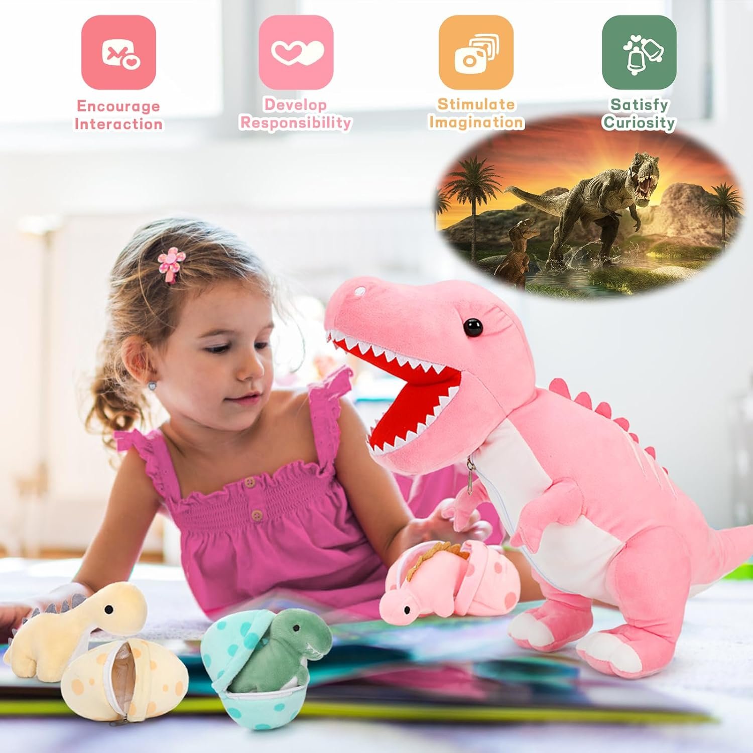Dinosaur Stuffed Animal with Babies,23.6'' Big Mommy Stuffed Dinosaur with 3 Baby Dinosaur Stuffed Toys & 3 Eggs Plush Inside Belly, Boy Girl Dinosaur Toys for Kids 3-5, Pink T-rex Toy |