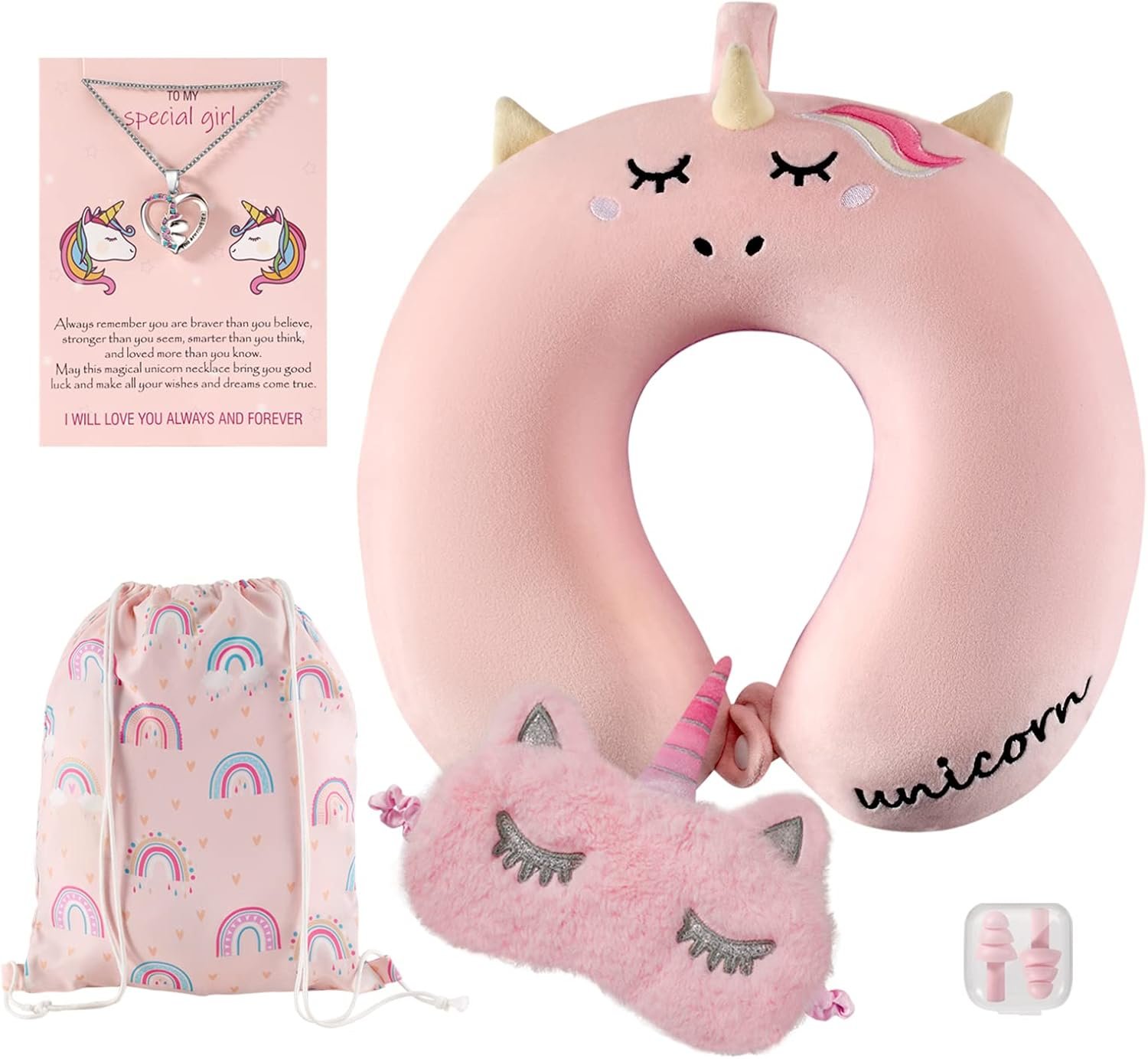 Neck Travel Pillow for Kids, Unicorn Airplane Memory Foam Pillow with Cute Sleep Mask & Earplugs, Lightweight Travelling Sleeping Pillow Set for Car, Train, Bus and Home Use (Purple) |