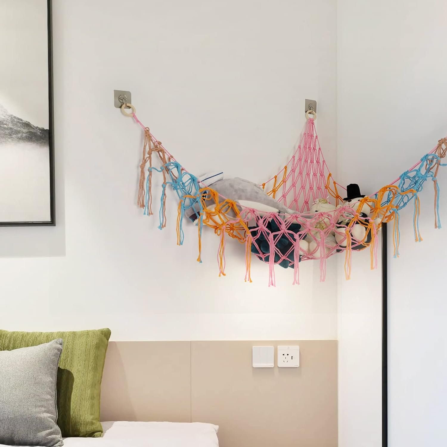 71Z3DM-o9kL._AC_SL1500 Stuffed Animals Net or Hammock Large,55 inch Toy Hammock Macrame Stuff Animal Storage Corner Hanging Net Holder,Mesh Hammock Plush Toy Organizer with Hooks for Bedroom,Nursery (White) |