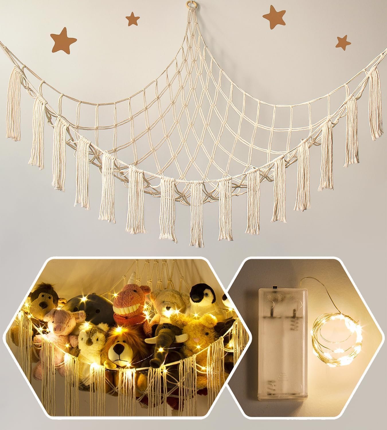 Stuffed Animal Hammock Corner with LED Light - Toy Storage Hammock Plushie Net Large - Cute Stuff Animals Holder Hanging Organizer - Baby Room Decor Kids Toddler Nursery Bedroom Boho |