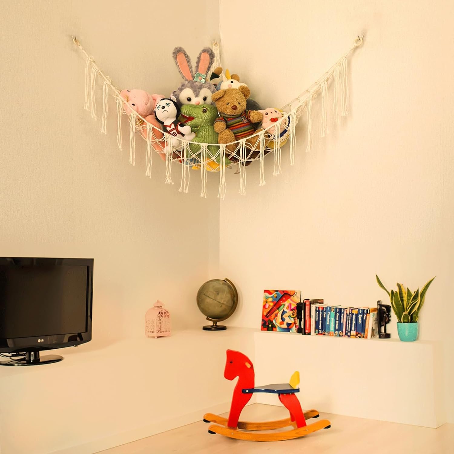 71gnceIgWUL._AC_SL1500 Stuffed Animals Net or Hammock Large,55 inch Toy Hammock Macrame Stuff Animal Storage Corner Hanging Net Holder,Mesh Hammock Plush Toy Organizer with Hooks for Bedroom,Nursery (White) |