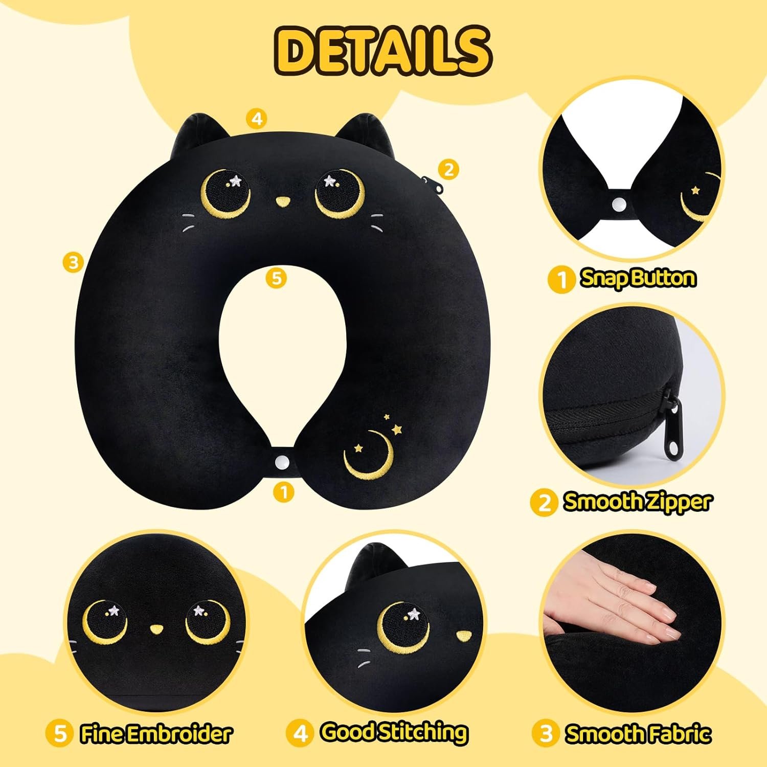 Kids Travel Pillow, 2 in 1 Deformable Kids Neck Pillow with U-Shaped Pillow & Cute Black Cat Animal Reversible Plush Toy for Airplane, Car, Train - 13 Inches |