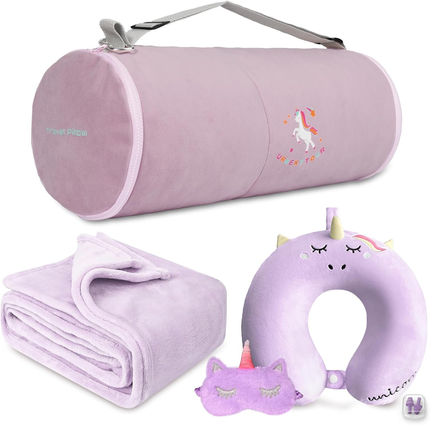 Neck Travel Pillow for Kids, Unicorn Airplane Memory Foam Pillow with Cute Sleep Mask & Earplugs, Lightweight Travelling Sleeping Pillow Set for Car, Train, Bus and Home Use (Purple) |